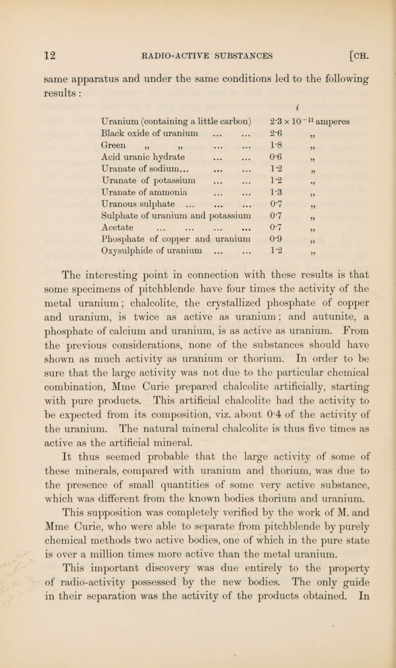 same apparatus and under the same conditions led to the following results : i Uranium (containing a little carbon) 2-3 x 10 n Black oxide of uranium 2*6 »> Green „ „ . 1*8 » Acid uranic hydrate 0-6 5) Uranate of sodium... 1-2 n Uranate of potassium 1*2 Uranate of ammonia 1*3 >? Uranous sulphate 0-7 5» Sulphate of uranium and potassium 0-7 » Acetate 0-7 JJ Phosphate of copper and uranium 0-9 5) Oxysulphide of uranium 1*2 amperes The interesting point in connection with these results is that some specimens of pitchblende have four times the activity of the metal uranium; chalcolite, the crystallized phosphate of copper and uranium, is twice as active as uranium; and autunite, a phosphate of calcium and uranium, is as active as uranium. From the previous considerations, none of the substances should have shown as much activity as uranium or thorium. In order to be sure that the large activity was not due to the particular chemical combination, Mme Curie prepared chalcolite artificially, starting with pure products. This artificial chalcolite had the activity to be expected from its composition, viz. about 04 of the activity of the uranium. The natural mineral chalcolite is thus five times as active as the artificial mineral. It thus seemed probable that the large activity of some of these minerals, compared with uranium and thorium, was due to the presence of small quantities of some very active substance, which was different from the known bodies thorium and uranium. This supposition was completely verified by the work of M. and Mme Curie, who were able to separate from pitchblende by purely chemical methods two active bodies, one of which in the pure state is over a million times more active than the metal uranium. This important discovery was due entirely to the property of radio-activity possessed by the new bodies. The only guide in their separation was the activity of the products obtained. In