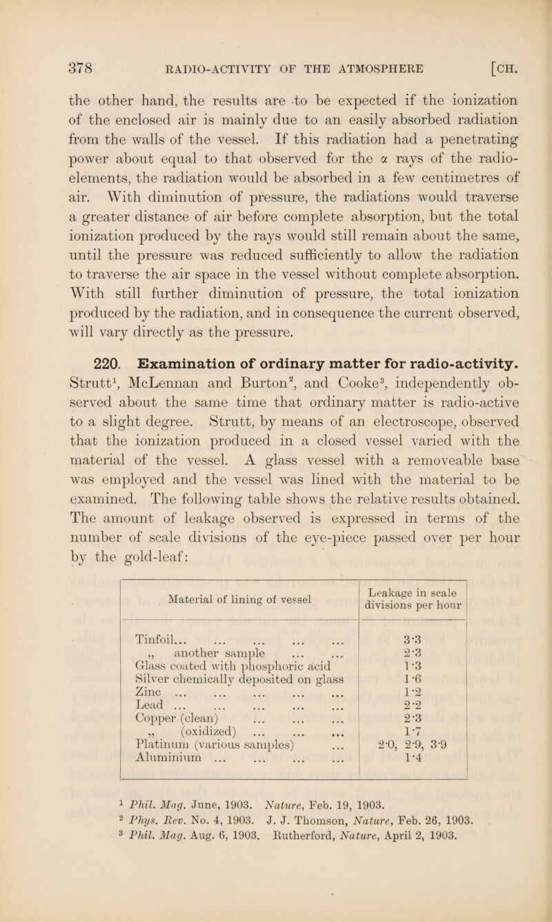 the other hand, the results are -to he expected if the ionization of the enclosed air is mainly due to an easily absorbed radiation from the walls of the vessel. If this radiation had a penetrating power about equal to that observed for the a rays of the radio¬ elements, the radiation would be absorbed in a few centimetres of air. With diminution of pressure, the radiations would traverse a greater distance of air before complete absorption, but the total ionization produced by the rays would still remain about the same, until the pressure was reduced sufficiently to allow the radiation to traverse the air space in the vessel without complete absorption. With still further diminution of pressure, the total ionization produced by the radiation, and in consequence the current observed, will vary directly as the pressure. 220. Examination of ordinary matter for radio-activity. Strutt1, McLennan and Burton2, and Cooke3, independently ob¬ served about the same time that ordinary matter is radio-active to a slight degree. Strutt, by means of an electroscope, observed that the ionization produced in a closed vessel varied with the material of the vessel. A glass vessel with a removeable base was employed and the vessel was lined with the material to be examined. The following table shows the relative results obtained. The amount of leakage observed is expressed in terms of the number of scale divisions of the eye-piece passed over per hour by the gold-leaf: Material of lining of vessel # Leakage in scale divisions per hour Tinfoil. 3-3 ,, another sample 2-3 Glass coated with phosphoric acid 1-3 Silver chemically deposited on glass 1-6 Zinc. 1 -9 Lead 2-2 Copper (clean) 2-3 „ (oxidized) . IT Platinum (various samples) 2*0, 2-9, 3-9 Aluminium ... 1-4 1 Phil. Mag. June, 1903. Nature, Feb. 19, 1903. 2 Phys. Rev. No. 4, 1903. J. J. Thomson, Nature, Feb. 26, 1903. 3 Phil. Mag. Aug. 6, 1903. Rutherford, Nature, April 2, 1903.