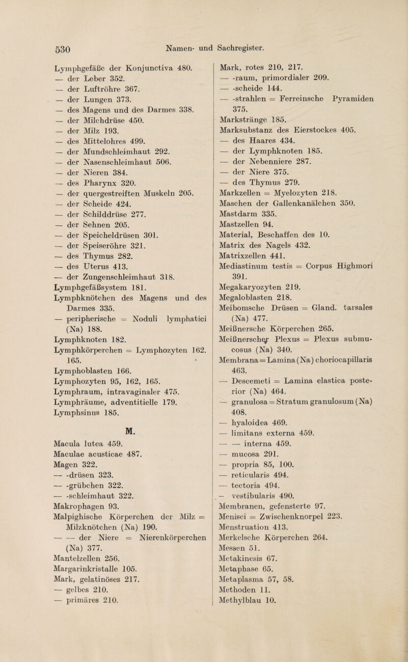 Lymphgefäße der Konjunctiva 480. — der Leber 352. — der Luftröhre 367. — der Lungen 373. — des Magens und des Darmes 338. — der Milchdrüse 450. — der Milz 193. — des Mittelohres 499. — der Mundschleimhaut 292. — der Nasenschleimhaut 506. — der Nieren 384. — des Pharynx 320. — der quergestreiften Muskeln 205. — der Scheide 424. — der Schilddrüse 277. — der Sehnen 205. — der Speicheldrüsen 301. — der Speiseröhre 321. — des Thymus 282. —- des Uterus 413. •— der Zungenschleimhaut 318. Lymphgefäßsystem 181. Lymphknötchen des Magens und des Darmes 335. — peripherische = Noduli lymphatici (Na) 188. Lymphknoten 182. Lymphkörperchen = Lymphozyten 162. 165. Lymphoblasten 166. Lymphozyten 95, 162, 165. Lymphraum, intravaginaler 475. Lymphräume, adventitielle 179. Lymphsinus 185. M. Macula lutea 459. Maculae acusticae 487. Magen 322. — -drüsen 323. — -grübchen 322. — -Schleimhaut 322. Makrophagen 93. Malpighische Körperchen der Milz = Milzknötchen (Na) 190. — — der Niere = Nierenkörperchen (Na) 377. Mantelzellen 256. Margarinkristalle 105. Mark, gelatinöses 217. — gelbes 210. — primäres 210. Mark, rotes 210, 217. — -raum, primordialer 209. — -scheide 144. — -strahlen = Ferreinsche Pyramiden 375. Markstränge 185. Marksubstanz des Eierstockes 405. — des Haares 434. — der Lymphknoten 185. — der Nebenniere 287. — der Niere 375. — des Thymus 279. Markzellen = Myelozyten 218. Maschen der Gallenkanälchen 350. Mastdarm 335. Mastzellen 94. Material, Beschaffen des 10. Matrix des Nagels 432. Matrixzellen 441. Mediastinum testis — Corpus Highmori 391. Megakaryozyten 219. Megaloblasten 218. Meibomsche Drüsen = Gland. tarsales (Na) 477. Meißnersche Körperchen 265. Meißnerschej: Plexus = Plexus submu- cosus (Na) 340. Membrana = Lamina (Na) choriocapillaris 463. — Descemeti = Lamina elastica poste¬ rior (Na) 464. — granulosa = Stratum granulosum (Na) 408. — hyaloidea 469. — limitans externa 459. — — interna 459. — mucosa 291. — propria 85, 100. — reticularis 494. — tectoria 494. — vestibularis 490. * Membranen, gefensterte 97. Menisci = Zwischenknorpel 223. Menstruation 413. Merkelsche Körperchen 264. Messen 51. Metakinesis 67. Metaphase 65. Metaplasma 57, 58. Methoden 11. Methyl blau 10.