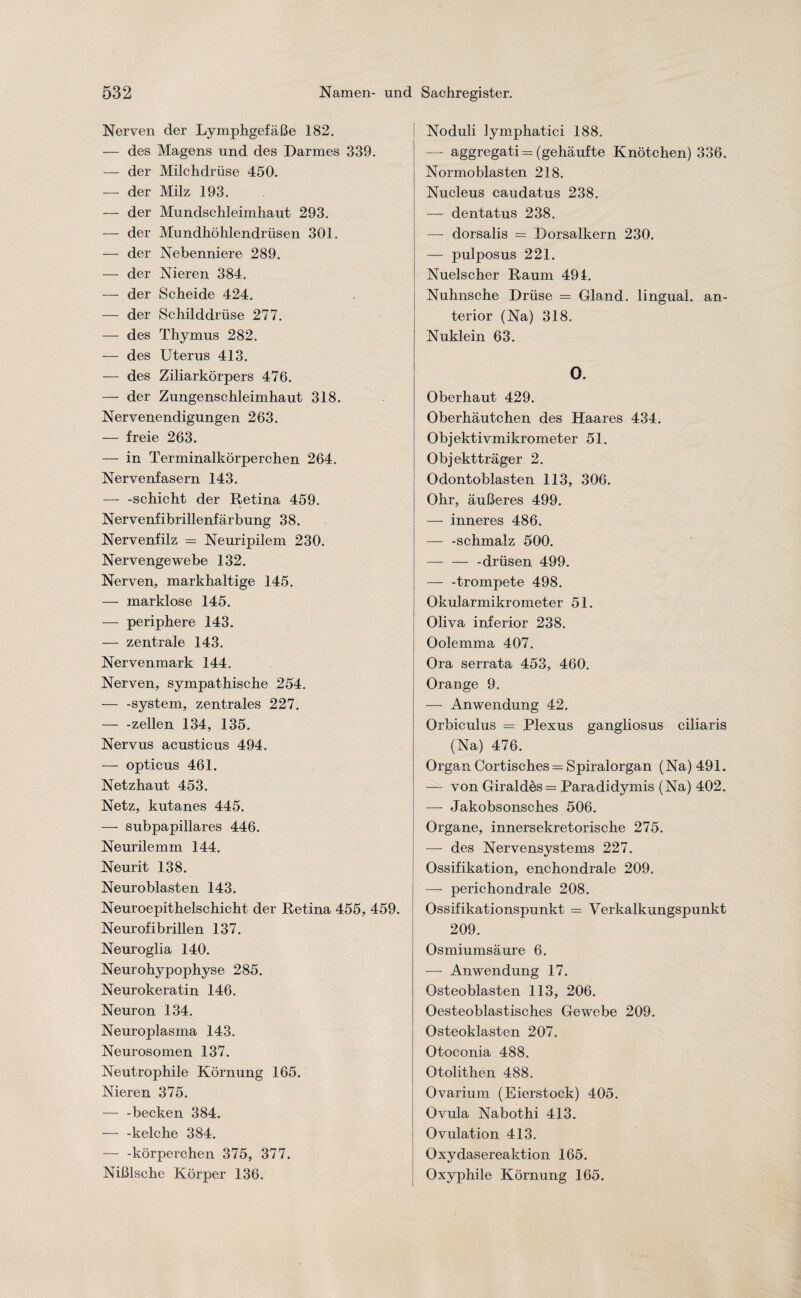 Nerven der Lymphgefäße 182. — des Magens und des Darmes 339. — der Milchdrüse 450. — der Milz 193. — der Mundschleimhaut 293. — der Mundhöhlendrüsen 301. — der Nebenniere 289. — der Nieren 384. — der Scheide 424. — der Schilddrüse 277. — des Thymus 282. — des Uterus 413. — des Ziliarkörpers 476. — der Zungenschleimhaut 318. Nervenendigungen 263. — freie 263. — in Terminalkörperchen 264. Nervenfasern 143. — -Schicht der Retina 459. Nervenfibrillenfärbung 38. Nervenfilz = Neuripilem 230. Nervengewebe 132. Nerven, markhaltige 145. — marklose 145. — periphere 143. — zentrale 143. Nervenmark 144. Nerven, sympathische 254. — -System, zentrales 227. — -zellen 134, 135. Nervus acusticus 494. — opticus 461. Netzhaut 453. Netz, kutanes 445. — subpapillares 446. Neurilemm 144. Neurit 138. Neuroblasten 143. Neuroepithelschicht der Retina 455, 459. Neurofibrillen 137. Neuroglia 140. Neurohypophyse 285. Neurokeratin 146. Neuron 134. Neuroplasma 143. Neurosomen 137. Neutrophile Körnung 165. Nieren 375. — -becken 384. — -kelche 384. -körperchen 375, 377. Nißlsche Körper 136. Noduli lymphatici 188. - aggregati = (gehäufte Knötchen) 336. Normoblasten 218. Nucleus caudatus 238. — dentatus 238. — dorsalis = Dorsalkern 230. — pulposus 221. Nuelscher Raum 491. Nuhnsche Drüse - Gland. lingual, an¬ terior (Na) 318. Nuklein 63. 0. Oberhaut 429. Oberhäutchen des Haares 434. Objektivmikrometer 51. Objektträger 2. Odontoblasten 113, 306. Ohr, äußeres 499. — inneres 486. — -schmalz 500. — — -drüsen 499. — -trompete 498. Okularmikrometer 51. Oliva inferior 238. Oolemma 407. Ora serrata 453, 460. Orange 9. — Anwendung 42. Orbiculus = Plexus gangliosus ciliaris (Na) 476. Organ Cortisches = Spiralorgan (Na) 491. — von Giraldes = Paradidymis (Na) 402. — Jakobsonsches 506. Organe, innersekretorische 275. — des Nervensystems 227. Ossifikation, enchondrale 209. — perichondrale 208. Ossifikationspunkt = Verkalkungspunkt 209. Osmiumsäure 6. — Anwendung 17. Osteoblasten 113, 206. Oesteoblastiscb.es Gewebe 209. Osteoklasten 207. Otoconia 488. Otolithen 488. Ovarium (Eierstock) 405. Ovula Nabothi 413. Ovulation 413. Oxydasereaktion 165. Oxyphile Körnung 165.