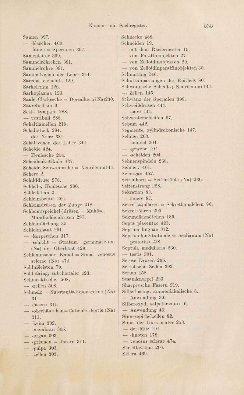 Samen 397. — -bläschen 400. — -fäden = Spermien 397. Samenleiter 399. Sammelröhrchen 381. Sammelrohre 381. Sammelvenen der Leber 344. Sarcous elements 129. Sarkolemm 126. Sarkoplasma 123. Säule, Clarkesche = Dorsalkern (Na)230. Säurefuchsin 9. Scala tympani 288. — vestibuli 288. Schaltlamellen 215. Schaltstück 294. — der Niere 381. Schaltvenen der Leber 344. Scheide 424. — Henlesche 254. Scheidenkutikula 437. Scheide, Schwannsche = Neurilemm 144. Schere 2. Schilddrüse 276. Schleife, Henlesche 380. Schleifstein 2. Schleimbeutel 204. Schleimdrüsen der Zunge 318. Schleim(speichel-)drüsen = Muköse Mundhöhlendrüsen 297. Schleimfärbung 35. Schleimhaut 291. -— -körperchen 317. — -Schicht = Stratum germinativum (Na) der Oberhaut 429. Schlemmscher Kanal — Sinns venosus sclerae (Na) 474. Schlußleisten 79. Schlußring, subchorialer 423. Schmeckbecher 508, — -zellen 508. Schmelz = Substantia adamantina (N'a) 311. — -fasern 311. — -oberhäutchen = Cuticula dentis (Na) 311. — -keim 302. — -membran 305. — -organ 303. — -prismen — -fasern 311. — -pulpa 303. — -zellen 303. Schnecke 488. Schneiden 19. —- mit dem Rasiermesser 19. — von Paraffinobjekten 27. — von Zelloidinobjekten 29. — von Zelloidinparaffinobjekten 30. Schnürring 146. Schutzanpassungen des Epithels 80. Schwannsche Scheide (-Neurilemm) 144. — Zellen 145. Schwanz der Spermien 398. Schweißdrüsen 444. — -pore 444. Schwesterschleifen 67. Sebum 442. Segmente, zylindrokonische 147. Sehnen 203. — -bündel 204. — -gewebe 101. —- -scheiden 204. Sehnenspindeln 268. Sehnerv 46L Sehorgan 452. Seitenhorn = Seitensäule (Na) 230. Seitenstrang 228. Sekretion 83. — innere 87. Sekretkapillaren -- Sekretkanälchen 86. Sekretröhren 295. Sekundärknötchen 185. Septa placentae 423. Septum linguae 312. Septum longitudinale = medianum (Na) posterius 228. Septula medullaria 230. — testis 391. Seröse Drüsen 295. Sertolische Zellen 393. Serum 158. Sesamknorpel 223. Sharpeysche Fasern 219. Silberlösung, ammoniakalische 6. — Anwendung 39. Silberoxyd, salpetersaures 6. — Anwendung 40. Sinnesepithelzellen 82. Sinus der Dura mater 253. — der Milz 191. — -knoten 178. — venosus sclerae 474. Skelettsystem 206. Sklera 469.