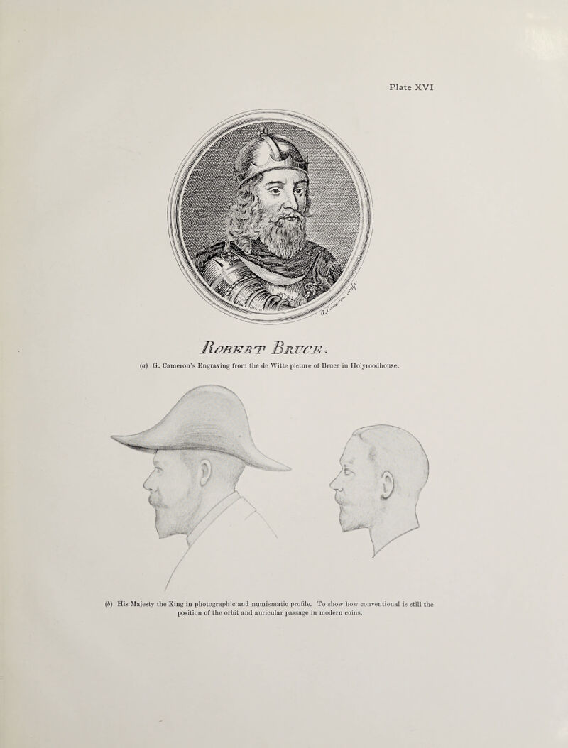 a (a) G. Cameron’s Engraving from the de Witte picture of Bruce in Holyroodhouse. (b) His Majesty the King in photographic and numismatic profile. To show how conventional is still the position of the orbit and auricular passage in modern coins.