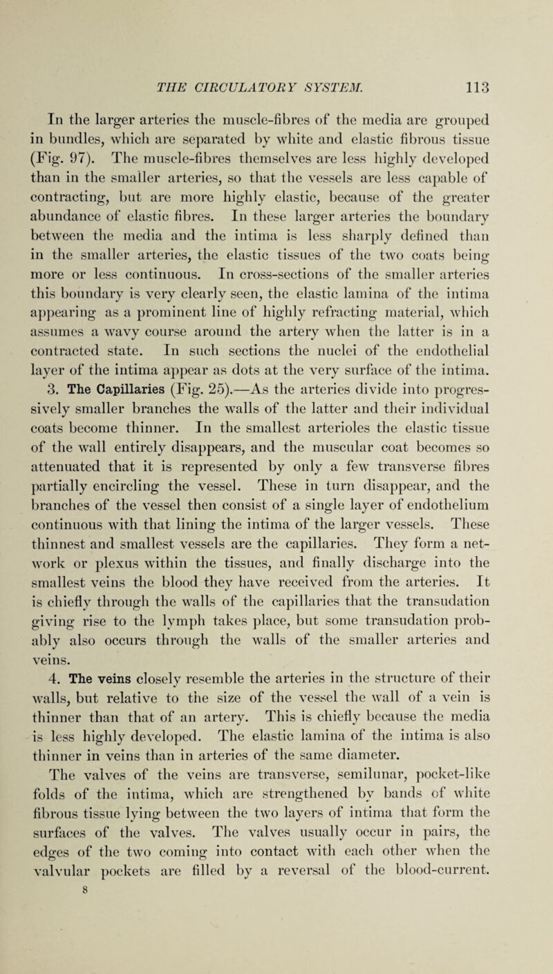In the larger arteries the muscle-fibres of the media are grouped in bundles, which are separated by white and elastic fibrous tissue (Fig. 97). The muscle-fibres themselves are less highly developed than in the smaller arteries, so that the vessels are less capable of contracting, but are more highly elastic, because of the greater abundance of elastic fibres. In these larger arteries the boundary between the media and the intima is less sharply defined than in the smaller arteries, the elastic tissues of the two coats being more or less continuous. In cross-sections of the smaller arteries this boundary is very clearly seen, the elastic lamina of the intima appearing as a prominent line of highly refracting material, which assumes a wavy course around the artery when the latter is in a contracted state. In such sections the nuclei of the endothelial layer of the intima appear as dots at the very surface of the intima. 3. The Capillaries (Fig. 25).—As the arteries divide into progres¬ sively smaller branches the walls of the latter and their individual coats become thinner. In the smallest arterioles the elastic tissue of the wall entirely disappears, and the muscular coat becomes so attenuated that it is represented by only a few transverse fibres partially encircling the vessel. These in turn disappear, and the branches of the vessel then consist of a single layer of endothelium continuous with that lining the intima of the larger vessels. These thinnest and smallest vessels are the capillaries. They form a net¬ work or plexus within the tissues, and finally discharge into the smallest veins the blood they have received from the arteries. It is chiefly through the walls of the capillaries that the transudation giving rise to the lymph takes place, but some transudation prob¬ ably also occurs through the walls of the smaller arteries and veins. 4. The veins closely resemble the arteries in the structure of their walls, but relative to the size of the vessel the wall of a vein is thinner than that of an artery. This is chiefly because the media is less highly developed. The elastic lamina of the intima is also thinner in veins than in arteries of the same diameter. The valves of the veins are transverse, semilunar, pocket-like folds of the intima, which are strengthened by bands cf white fibrous tissue lying between the two layers of intima that form the surfaces of the valves. The valves usually occur in pairs, the edges of the two coming into contact with each other when the valvular pockets are filled by a reversal of the blood-current. 8