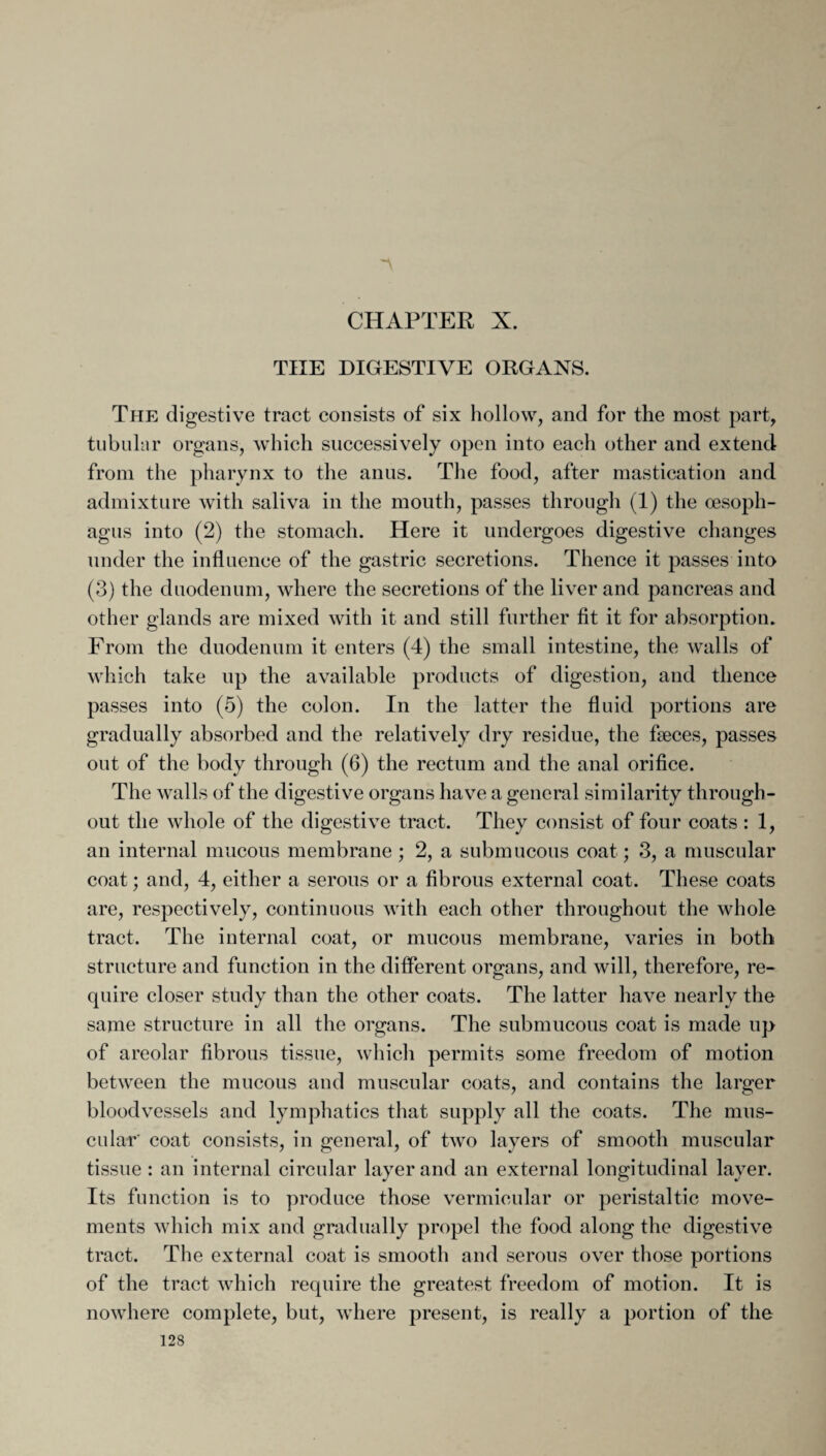 THE DIGESTIVE ORGANS. The digestive tract consists of six hollow, and for the most part, tubular organs, which successively open into each other and extend from the pharynx to the anus. The food, after mastication and admixture with saliva in the mouth, passes through (1) the oesoph¬ agus into (2) the stomach. Here it undergoes digestive changes under the influence of the gastric secretions. Thence it passes into (3) the duodenum, where the secretions of the liver and pancreas and other glands are mixed with it and still further fit it for absorption. From the duodenum it enters (4) the small intestine, the walls of which take up the available products of digestion, and thence passes into (5) the colon. In the latter the fluid portions are gradually absorbed and the relatively dry residue, the fseces, passes out of the body through (6) the rectum and the anal orifice. The walls of the digestive organs have a general similarity through¬ out the whole of the digestive tract. They consist of four coats : 1, an internal mucous membrane ; 2, a submucous coat; 3, a muscular coat; and, 4, either a serous or a fibrous external coat. These coats are, respectively, continuous with each other throughout the whole tract. The internal coat, or mucous membrane, varies in both structure and function in the different organs, and will, therefore, re¬ quire closer study than the other coats. The latter have nearly the same structure in all the organs. The submucous coat is made up of areolar fibrous tissue, which permits some freedom of motion between the mucous and muscular coats, and contains the larger bloodvessels and lymphatics that supply all the coats. The mus¬ cular’ coat consists, in general, of two layers of smooth muscular tissue : an internal circnlar layer and an external longitudinal layer. Its function is to produce those vermicular or peristaltic move¬ ments which mix and gradually propel the food along the digestive tract. The external coat is smooth and serous over those portions of the tract which require the greatest freedom of motion. It is nowhere complete, but, where present, is really a portion of the