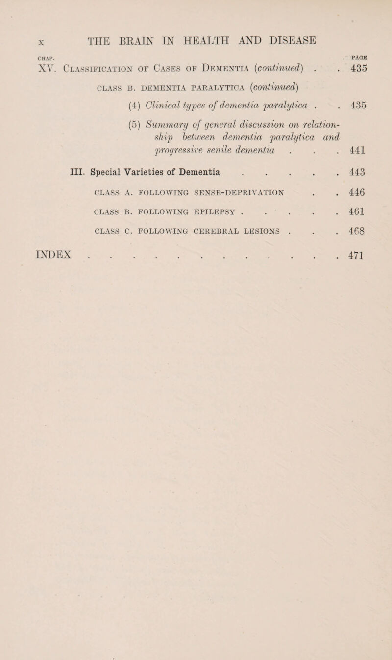 CHAP. XV. Classification of Cases of Dementia (continued) . class b. dementia paralytica (continued) (4) Clinical types of dementia paralytica . (5) Summary of general discussion on relation¬ ship between dementia paralytica and progressive senile dementia III. Special Varieties of Dementia . CLASS A. FOLLOWING SENSE-DEPRIVATION CLASS B. FOLLOWING EPILEPSY . CLASS C. FOLLOWING CEREBRAL LESIONS . INDEX PAGE 435 435 441 443 446 461 468 471