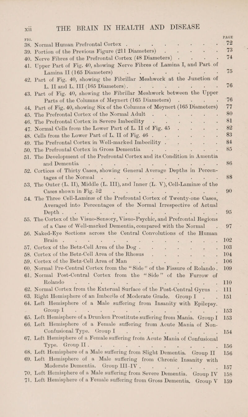 Xll FIG. 38. Normal Human Prefrontal Cortex ....•••• 39. Portion of the Previous Figure (211 Diameters) . 40. Nerve Fibres of the Prefrontal Cortex (48 Diameters) . 41. Upper Part of Fig. 40, showing Nerve Fibres of Lamina I, and Part of Lamina II (165 Diameters) ......•• 42. Part of Fig. 40, showing the Fibrillar Meshwork at the Junction of L. II and L. Ill (165 Diameters). 43. Part of Fig. 40, showing the Fibrillar Meshwork between the Upper Parts of the Columns of Meynert (165 Diameters) . 44. Part of Fig. 40, showing Six of the Columns of Meynert (165 Diameters) 45. The Prefrontal Cortex of the Normal Adult ...... 46. The Prefrontal Cortex in Severe Imbecility. 47. Normal Cells from the Lower Part of L. II of Fig. 45 ... 48. Cells from the Lower Part of L. II of Fig. 46. 49. The Prefrontal Cortex in Well-marked Imbecility ..... 50. The Prefrontal Cortex in Gross Dementia ...... 51. The Development of the Prefrontal Cortex and its Condition in Amentia and Dementia ........... 52. Cortices of Thirty Cases, showing General Average Depths in Percen¬ tages of the Normal .......... o 53. The Outer (L. II), Middle (L. Ill), and Inner (L. V), Cell-Laminae of the Cases shown in Fig. 52 ........ 54. The Three Cell-Laminae of the Prefrontal Cortex of Twenty-one Cases, Averaged into Percentages of the Normal Irrespective of Actual Depth ............. 55. The Cortex of the Visuo-Sensory, Yisuo-Psycliic, and Prefrontal Regions of a Case of Well-marked Dementia, compared with the Normal 56. Naked-Eye Sections across the Central Convolutions of the Human Brain ............. 57. Cortex of the Betz-Cell Area of the Dog ....... 58. Cortex of the Betz-Ceil Area of the Rhesus ...... 59. Cortex of the Betz-Cell Area of Man ....... 60. Normal Pre-Central Cortex from the “ Side ” of the Fissure of Rolando . 61. Normal Post-Central Cortex from the “Side” of the Furrow of Rolando ............ 62. Normal Cortex from the External Surface of the Post-Central Gyrus . 63. Right Hemisphere of an Imbecile of Moderate Grade. Group 1 64. Left Hemisphere of a Male suffering from Insanity with Epilepsy. Group I ........... 65. Left Hemisphere of a Drunken Prostitute suffering from Mania. Group I 66. Left Hemisphere of a Female suffering from Acute Mania of Non- Confusional Type. Group I ....... 67. Left Hemisphere of a Female suffering from Acute Mania of Confusional Type. Group II. 68. Left Hemisphere of a Male suffering from Slight Dementia. Group II 69. Left Hemisphere of a Male suffering from Chronic Insanity with Moderate Dementia. Group III-IV ..... 70. Left Hemisphere of a Male suffering from Severe Dementia. Group IV 71. Left Hemisphere of a Female suffering from Gross Dementia. Group V PAGE 72 73 74 75 76 76 77 80 81 82 83 84 85 86 88 90 95 97 102 103 104 106 109 110 111 151 153 153 154 156 156 157 158 159
