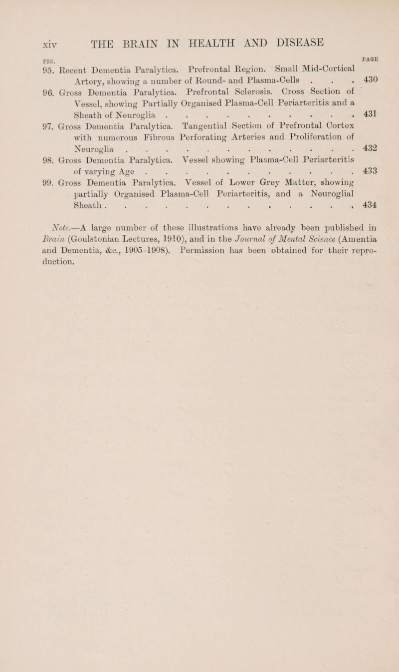 PAGE FIG. 95. Recent Dementia Paralytica. Prefrontal Region. Small Mid-Cortical Artery, showing a number of Round- and Plasma-Cells . . . 430 96. Gross Dementia Paralytica. Prefrontal Sclerosis. Cross Section of Vessel, showing Partially Organised Plasma-Cell Periarteritis and a Sheath of Neuroglia .......... 431 97. Gross Dementia Paralytica. Tangential Section of Prefrontal Cortex with numerous Fibrous Perforating Arteries and Proliferation of Neuroglia ............ 432 98. Gross Dementia Paralytica. Vessel showing Plasma-Cell Periarteritis of varying Age ........... 433 99. Gross Dementia Paralytica. Vessel of Lower Grey Matter, showing partially Organised Plasma-Cell Periarteritis, and a Neuroglial Sheath ............. 434 Note.—A large number of these illustrations have already been published in Brain (Goulstonian Lectures, 1910), and in the Journal of Mental Science (Amentia and Dementia, &c., 1905-1908). Permission has been obtained for their repro¬ duction.