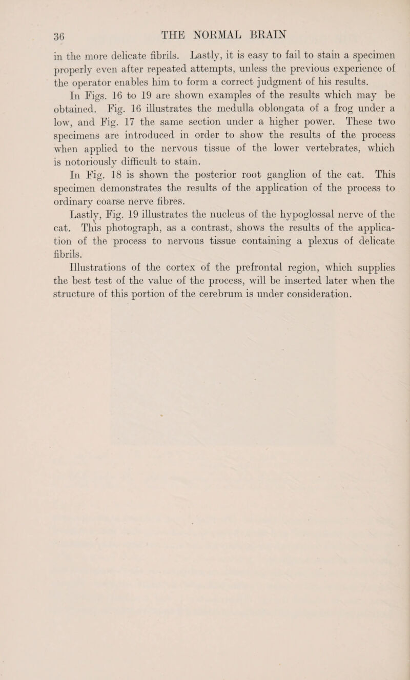 in the more delicate fibrils. Lastly, it is easy to fail to stain a specimen properly even after repeated attempts, unless the previous experience of the operator enables him to form a correct judgment of his results. In Figs. 16 to 19 are shown examples of the results which may be obtained. Fig. 16 illustrates the medulla oblongata of a frog under a low, and Fig. 17 the same section under a higher power. These two specimens are introduced in order to show the results of the process when applied to the nervous tissue of the lower vertebrates, which is notoriously difficult to stain. In Fig. 18 is shown the posterior root ganglion of the cat. This specimen demonstrates the results of the application of the process to ordinary coarse nerve fibres. Lastly, Fig. 19 illustrates the nucleus of the hypoglossal nerve of the cat. This photograph, as a contrast, shows the results of the applica¬ tion of the process to nervous tissue containing a plexus of delicate fibrils. Illustrations of the cortex of the prefrontal region, which supplies the best test of the value of the process, will be inserted later when the structure of this portion of the cerebrum is under consideration.