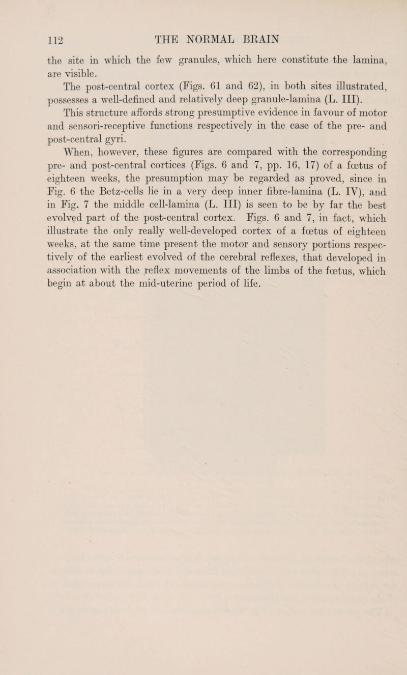 the site in which the few granules, which here constitute the lamina, are visible. The post-central cortex (Figs. 61 and 62), in both sites illustrated, possesses a well-defined and relatively deep granule-lamina (L. III). This structure affords strong presumptive evidence in favour of motor and sensori-receptive functions respectively in the case of the pre- and post-central gyri. When, however, these figures are compared with the corresponding pre- and post-central cortices (Figs. 6 and 7, pp. 16, 17) of a foetus of eighteen weeks, the presumption may be regarded as proved, since in Fig. 6 the Betz-cells lie in a very deep inner fibre-lamina (L. IV), and in Fig. 7 the middle cell-lamina (L. Ill) is seen to be by far the best evolved part of the post-central cortex. Figs. 6 and 7, in fact, which illustrate the only really well-developed cortex of a foetus of eighteen weeks, at the same time present the motor and sensory portions respec¬ tively of the earliest evolved of the cerebral reflexes, that developed in association with the reflex movements of the limbs of the foetus, which begin at about the mid-uterine period of life.
