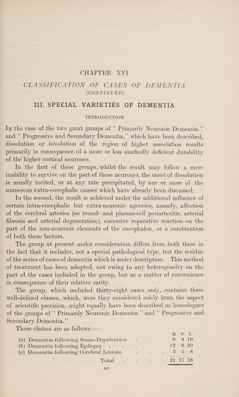CHAPTER XVI CLASSIFICATION OF CASES OF DEMENTIA (CONTINUED) III. SPECIAL VARIETIES OF DEMENTIA INTRODUCTION In the case of the two great groups of ££ Primarily Neuronic Dementia ” and ££ Progressive and Secondary Dementia/' which have been described, dissolution or involution of the region of higher association results primarily in consequence of a more or less markedly deficient durability of the higher cortical neurones. In the first of these groups, whilst the result may follow a mere inability to survive on the part of these neurones, the onset of dissolution is usually incited, or at any rate precipitated, by one or more of the numerous extra-encephalic causes which have already been discussed. In the second, the result is achieved under the additional influence of certain intra-encephalic but extra-neuronic agencies, namely, affection of the cerebral arteries (as round- and plasma-cell periarteritis, arterial fibrosis and arterial degeneration), excessive reparative reaction on the part of the non-neuronic elements of the encephalon, or a combination of both these factors. The group at present under consideration differs from both these in the fact that it includes, not a special pathological type, but the residue of the series of cases of dementia which is under description. This method of treatment has been adopted, not owing to any heterogeneity on the part of the cases included in the group, but as a matter of convenience in consequence of their relative rarity. The group, which included thirty-eight cases only, contains three well-defined classes, which, were they considered solely from the aspect of scientific precision, might equally have been described as homologues of the groups of ££ Primarily Neuronic Dementia ” and 44 Progressive and Secondary Dementia. These classes are as follows :— M p T {a) Dementia following Sense-Deprivation iVl. 6 4 10 (b) Dementia following Epilepsy .... . 12 8 20 (c) Dementia following Cerebral Lesions 3 5 8 Total . 21 17 38