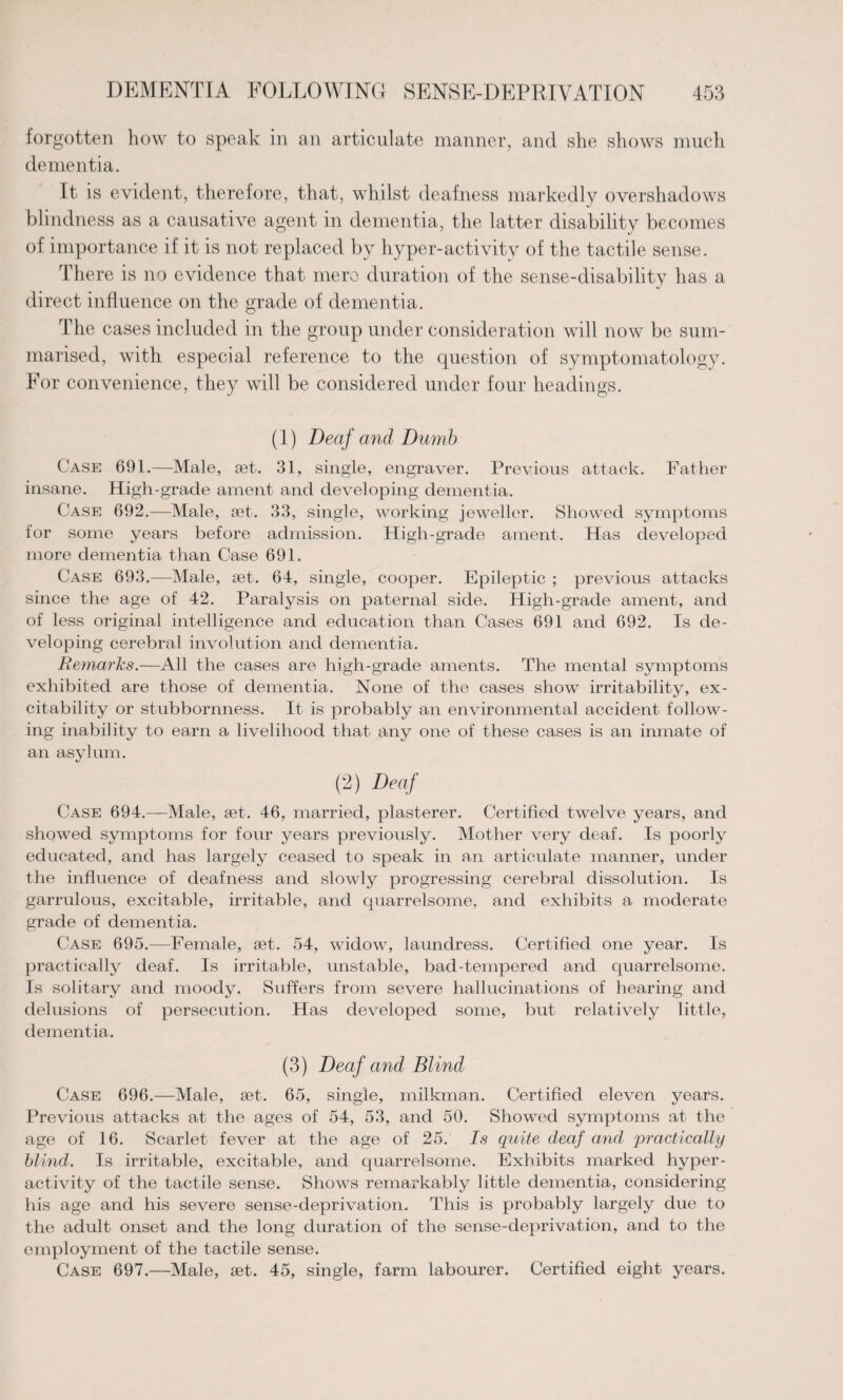 forgotten how to speak in an articulate manner, and she shows much dementia. It is evident, therefore, that, whilst deafness markedly overshadows blindness as a causative agent in dementia, the latter disability becomes of importance if it is not replaced by hyper-activitv of the tactile sense. There is no evidence that mere duration of the sense-disability has a direct influence on the grade of dementia. The cases included in the group under consideration will now be sum¬ marised, with especial reference to the question of symptomatology. For convenience, they will be considered under four headings. (1) Deaf and Dumb Case 691.—Male, set. 31, single, engraver. Previous attack. Father insane. High-grade ament and developing dementia. Case 692.—Male, set. 33, single, working jeweller. Showed symptoms for some years before admission. High-grade ament. Has developed more dementia than Case 691. Case 693.—Male, set. 64, single, cooper. Epileptic ; previous attacks since the age of 42. Paralysis on paternal side. High-grade ament, and of less original intelligence and education than Cases 691 and 692. Is de¬ veloping cerebral involution and dementia. Remarks.—All the cases are high-grade aments. The mental symptoms exhibited are those of dementia. None of the cases show irritability, ex¬ citability or stubbornness. It is probably an environmental accident follow¬ ing inability to earn a livelihood that any one of these cases is an inmate of an asylum. (2) Deaf Case 694.—Male, set. 46, married, plasterer. Certified twelve years, and showed symptoms for four years previously. Mother very deaf. Is poorly educated, and has largely ceased to speak in an articulate manner, under the influence of deafness and slowly progressing cerebral dissolution. Is garrulous, excitable, irritable, and quarrelsome, and exhibits a moderate grade of dementia. Case 695.—Female, set. 54, widow, laundress. Certified one year. Is practically deaf. Is irritable, unstable, bad-tempered and quarrelsome. Is solitary and moody. Suffers from severe hallucinations of hearing and delusions of persecution. Has developed some, but relatively little, dementia. (3) Deaf and Blind Case 696.—Male, set. 65, single, milkman. Certified eleven years. Previous attacks at the ages of 54, 53, and 50. Showed symptoms at the age of 16. Scarlet fever at the age of 25. Is quite deaf and practically blind. Is irritable, excitable, and quarrelsome. Exhibits marked hyper¬ activity of the tactile sense. Shows remarkably little dementia, considering his age and his severe sense-deprivation. This is probably largely due to the adult onset and the long duration of the sense-deprivation, and to the employment of the tactile sense. Case 697.—Male, set. 45, single, farm labourer. Certified eight years.