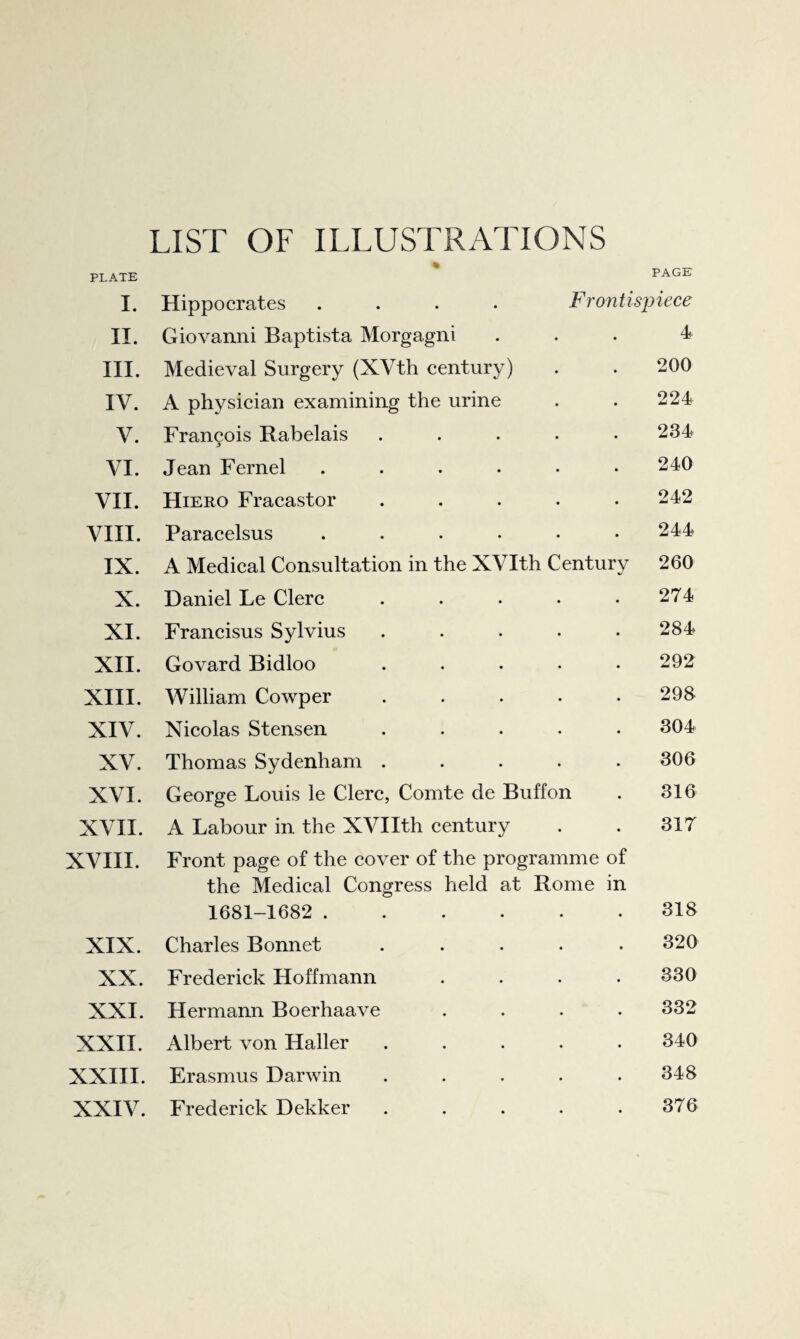 LIST OF ILLUSTRATIONS PLATE PAGE I. Hippocrates .... Frontispiece II. Giovanni Baptista Morgagni ... 4 III. Medieval Surgery (XVth century) . . 200 IV. A physician examining the urine . . 224 V. Frangois Rabelais ..... 234 VI. Jean Fernel ...... 240 VII. Hiero Fracastor ..... 242 VIII. Paracelsus ...... 244 IX. A Medical Consultation in the XVIth Century 260 X. Daniel Le Clerc . . . • .274 XI. Francisus Sylvius . . . . .284 XII. Govard Bidloo ..... 292 XIII. William Cowper ..... 298 XIV. Nicolas Stensen ..... 304 XV. Thomas Sydenham ..... 306 XVI. George Louis le Clerc, Comte de Buff on . 316 XVII. A Labour in the XVIIth century . . 317 XVIII. Front page of the cover of the programme of the Medical Congress held at Rome in 1681-1682 . 318 XIX. Charles Bonnet.320 XX. Frederick Hoffmann .... 330 XXI. Hermann Boerhaave .... 332 XXII. Albert von Haller ..... 340 XXHI. Erasmus Darwin ..... 348 XXIV. Frederick Dekker . . . . .376