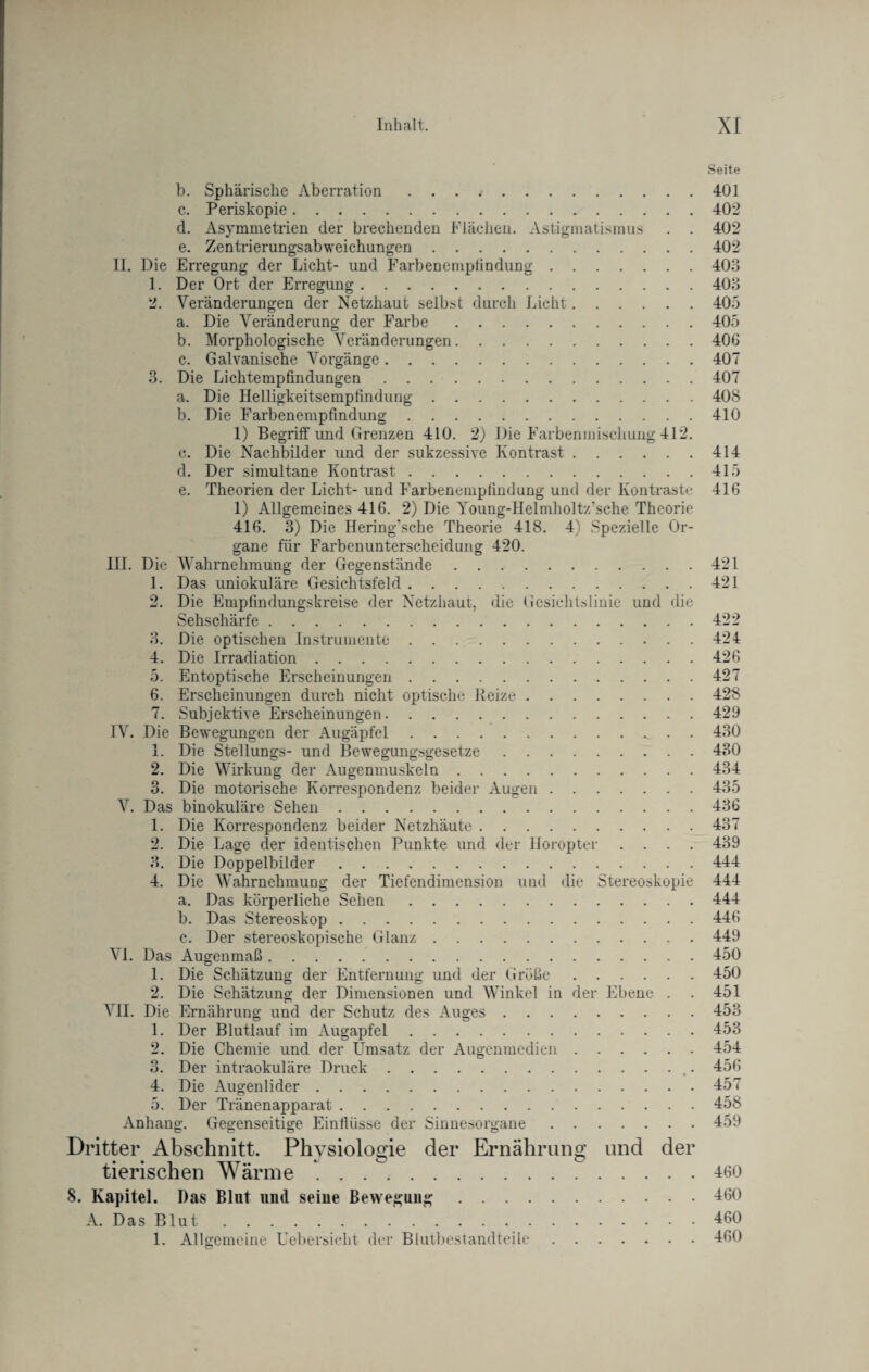 Seite b. Sphärische Aberration . . . /.401 c. Periskopie.402 d. Asymmetrien der brechenden Flächen. Astigmatismus . . 402 e. Zentrierungsabweichungen.402 II. Die Erregung der Licht- und Farbenempfindung.403 1. Der Ort der Erregung.403 2. Veränderungen der Netzhaut selbst durch Licht.405 a. Die Veränderung der Farbe.405 b. Morphologische Veränderungen.406 c. Galvanische Vorgänge.407 3. Die Lichtempfindungen.407 a. Die Helligkeitsempfindung.40S b. Die Farbenempfindung.410 1) Begriff und Grenzen 410. 2) Die Farbenmischung 412. c. Die Nachbilder und der sukzessive Kontrast.414 d. Der simultane Kontrast.415 e. Theorien der Licht- und Farbenempfindung und der Kontraste 416 1) Allgemeines 416. 2) Die Young-Helmholtz'sche Theorie 416. 3) Die Hering’sche Theorie 418. 4) Spezielle Or¬ gane für Farbenunterscheidung 420. III. Die Wahrnehmung der Gegenstände.421 1. Das uniokuläre Gesichtsfeld.421 2. Die Empfindungskreise der Netzhaut, die Gesichts!inie und die Sehschärfe.422 3. Die optischen Instrumente.424 4. Die Irradiation.426 5. Entoptische Erscheinungen.427 6. Erscheinungen durch nicht optische Heize.428 7. Subjektive Erscheinungen.429 IV. Die Bewegungen der Augäpfel.. . 430 1. Die Stellungs- und Bewegungsgesetze.430 2. Die Wirkung der Augenmuskeln.434 3. Die motorische Korrespondenz beider Augen.435 V. Das binokuläre Sehen.436 1. Die Korrespondenz beider Netzhäute.437 2. Die Lage der identischen Punkte und der Horopter .... 439 3. Die Doppelbilder.444 4. Die Wahrnehmung der Tiefendimension und die Stereoskopie 444 a. Das körperliche Sehen.444 b. Das Stereoskop.446 c. Der stereoskopische Glanz.449 VI. Das Augenmaß.450 1. Die Schätzung der Entfernung und der Größe.450 2. Die Schätzung der Dimensionen und Winkel in der Ebene . . 451 A II. Die Ernährung und der Schutz des Auges.453 1. Der Blutlauf im Augapfel.453 2. Die Chemie und der Umsatz der Augenmedien.454 3. Der intraokuläre Druck. 456 4. Die Augenlider.457 5. Der Tränenapparat.458 Anhang. Gegenseitige Einflüsse der Sinnesorgane.459 Dritter Abschnitt. Physiologie der Ernährung und der tierischen Wärme ..460 8. Kapitel. Das Blut und seine Bewegung.460 A. Das Blut.460 1. Allgemeine Uebersicht der Blutbestandteile.460