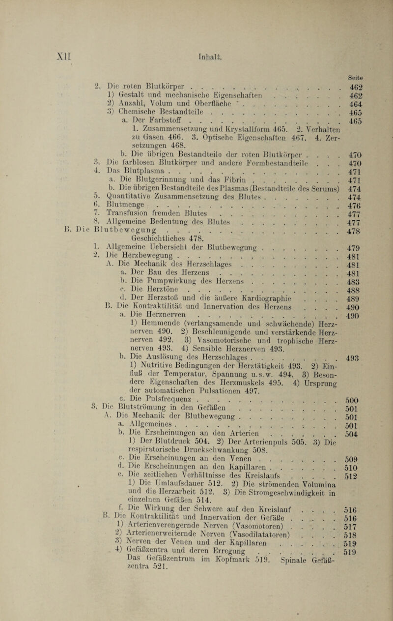 4. o. G. 7. 8. 1. 9 B. Die roten Blutkörper. 1) Gestalt und mechanische Eigenschaften. 2) Anzahl, Volum und Oberfläche ’. 3) Chemische Bestandteile. a. Der Farbstoff. 1. Zusammensetzung und Krystallform 465. 2. Verhalten zu Gasen 466. 3. Optische Eigenschaften 467. 4. Zer¬ setzungen 468. b. Die übrigen Bestandteile der roten Blutkörper . Die farblosen Blutkörper und andere Formbestandteile Das Blutplasma. a. Die Blutgerinnung und das Fibrin. b. Die übrigen Bestandteile des Plasmas (Bestandteile des Serums Quantitative Zusammensetzung des Blutes . Blutmenge. Transfusion fremden Blutes ....... Allgemeine Bedeutung des Blutes. B. Die Blutbewegung. Geschichtliches 478. Allgemeine Uebersicht der Blutbewegung . . . Die Herzbewegung. A. Die Mechanik des Herzschlages. a. Der Bau des Herzens. b. Die Pumpwirkung des Herzens .... c. Die Herztöne. d. Der Herzstoß und die äußere Kardiographie Die Kontraktilität und Innervation des Herzens a. Die Herznerven. 1) Hemmende (verlangsamende und schwächende) Herz¬ nerven 490. 2) Beschleunigende und verstärkende Herz¬ nerven 492. 3) Vasomotorische und trophische Herz¬ nerven 493. 4) Sensible Herznerven 493. b. Die Auslösung des Herzschlages. 1) Nutritive Bedingungen der Herztätigkeit 493. 2) Ein¬ fluß der Temperatur, Spannung u. s.w. 494. 3) Beson¬ dere Eigenschaften des Herzmuskels 495. 4) Ursprung der automatischen Pulsationen 497. c. Die Pulsfrequenz. Die Blutströmung in den Gefäßen .... A. Die Mechanik der Blutbewegung .... a. Allgemeines. b. Die Pirscheinungen an den Arterien 1) Der Blutdruck 504. 2) Der Arterienpuls respiratorische Druckschwankung 508. c. Die Erscheinungen an den Venen . . . d. Die Erscheinungen an den Kapillaren . . c. Die zeitlichen Verhältnisse des Kreislaufs 1) Die Lmlaufsdauer 512. 2) Die strömenden Volumina und die Herzarbeit 512. 3) Die Stromgeschwindigkeit in einzelnen Gefäßen 514. I. Die Wirkung der Schwere auf den Kreislauf Die Kontraktilität und Innervation der Gefäße . 1) Arterienverengernde Nerven (Vasomotoren) . 2) Arterien erweiternde Nerven (Vasodilatatoren) 3) Nerven der Venen und der Kapillaren 4) Gefäßzentra und deren Erregung Das Gefäßzentrum im Kopfmark 519. Spinale Gefäß¬ zentra 521. 3. 505. 3) Die B. Seite 462 462 464 465 465 470 470 471 471 474 474 476 477 477 478 479 4SI 481 481 483 488 490 490 493 500 501 501 501 504 509 510 512 516 516 517 518 519 519