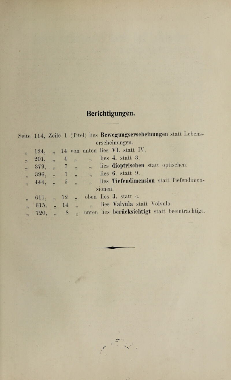 Berichtigungen. Seite 114, Zeile 1 (Titel) lies Bewegimgserscheinungeii statt Lebens¬ erscheinungen. * 124, ••i 14 von unten lies VI. statt IV. „ 201, 4 lies 4. statt 3. 77 il „ 379, ii 7 „ lies dioptrischen statt optischen. _ 396, 7 „ „ lies 6. statt 9. 444 11 11 5 lies Tiefendimension statt Tiefendimen¬ sionen. „ 611, 11 12 ,, oben lies 3. statt c. „ 615, 11 14 „ lies Valvula statt Volvula. ••i u