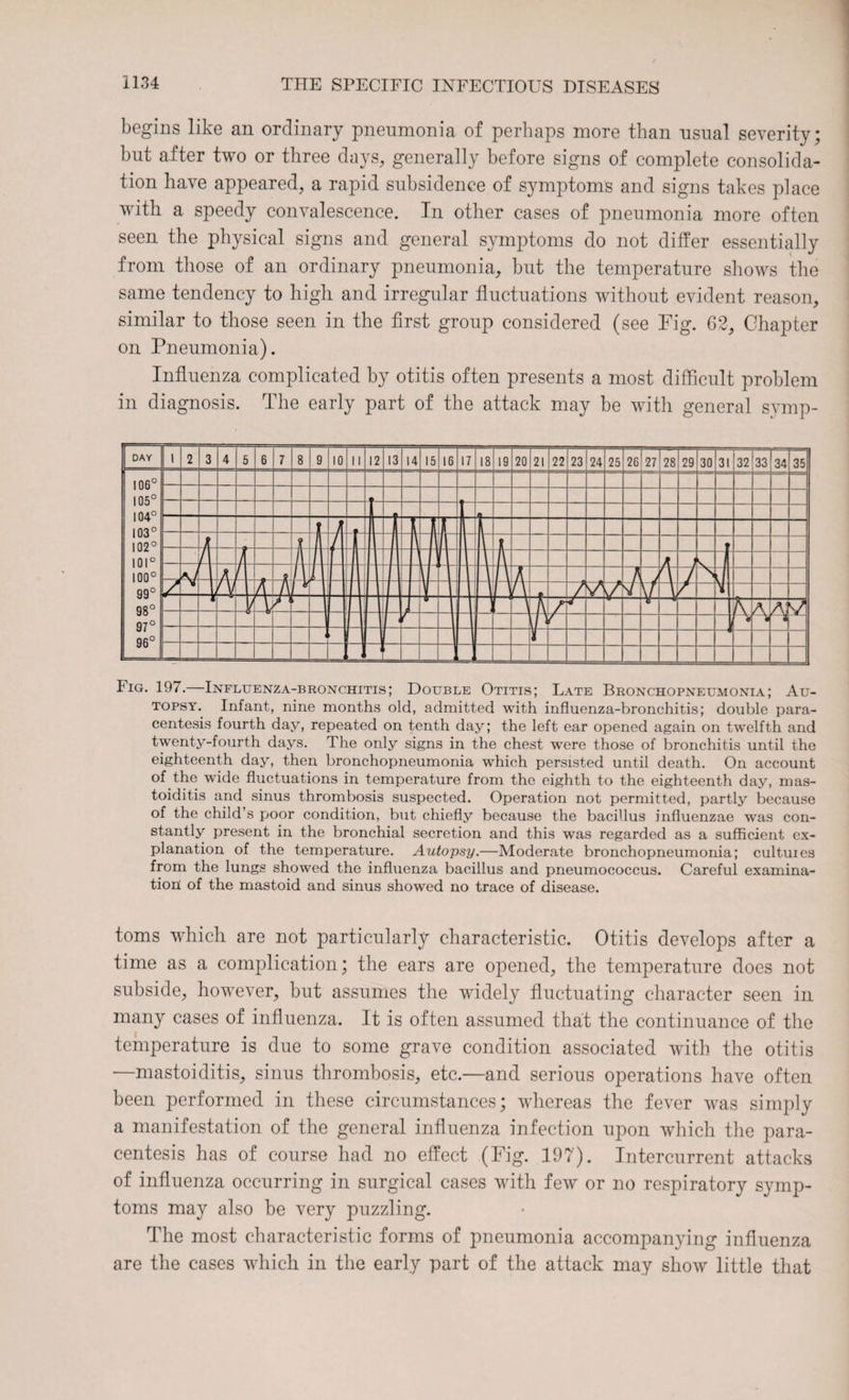 begins like an ordinary pneumonia of perhaps more than usual severity; but after two or three days, generally before signs of complete consolida¬ tion have appeared, a rapid subsidence of symptoms and signs takes place with a speedy convalescence. In other cases of pneumonia more often seen the physical signs and general symptoms do not differ essentially from those of an ordinary pneumonia, but the temperature shows the same tendency to high and irregular fluctuations without evident reason, similar to those seen in the first group considered (see Fig. 62, Chapter on Pneumonia). Influenza complicated by otitis often presents a most difficult problem in diagnosis. The early part of the attack may be with general symp- Fig. 197. Influenza-bronchitis; Double Otitis; Late Bronchopneumonia; Au¬ topsy. Infant, nine months old, admitted with influenza-bronchitis; double para¬ centesis fourth day, repeated on tenth day; the left ear opened again on twelfth and twenty-fourth days. The only signs in the chest were those of bronchitis until the eighteenth day, then bronchopneumonia which persisted until death. On account of the wide fluctuations in temperature from the eighth to the eighteenth day, mas¬ toiditis and sinus thrombosis suspected. Operation not permitted, partly because of the child’s poor condition, but chiefly because the bacillus influenzae was con¬ stantly present in the bronchial secretion and this was regarded as a sufficient ex¬ planation of the temperature. Autopsy.—Moderate bronchopneumonia; cultuies from the lungs showed the influenza bacillus and pneumococcus. Careful examina¬ tion of the mastoid and sinus showed no trace of disease. toms which are not particularly characteristic. Otitis develops after a time as a complication; the ears are opened, the temperature does not subside, however, but assumes the widely fluctuating character seen in many cases of influenza. It is often assumed that the continuance of the temperature is due to some grave condition associated with the otitis —mastoiditis, sinus thrombosis, etc.—and serious operations have often been performed in these circumstances; whereas the fever was simply a manifestation of the general influenza infection upon which the para¬ centesis has of course had no effect (Fig. 197). Intercurrent attacks of influenza occurring in surgical cases with few or no respiratory symp¬ toms may also be very puzzling. The most characteristic forms of pneumonia accompanying influenza are the cases which in the early part of the attack may show little that