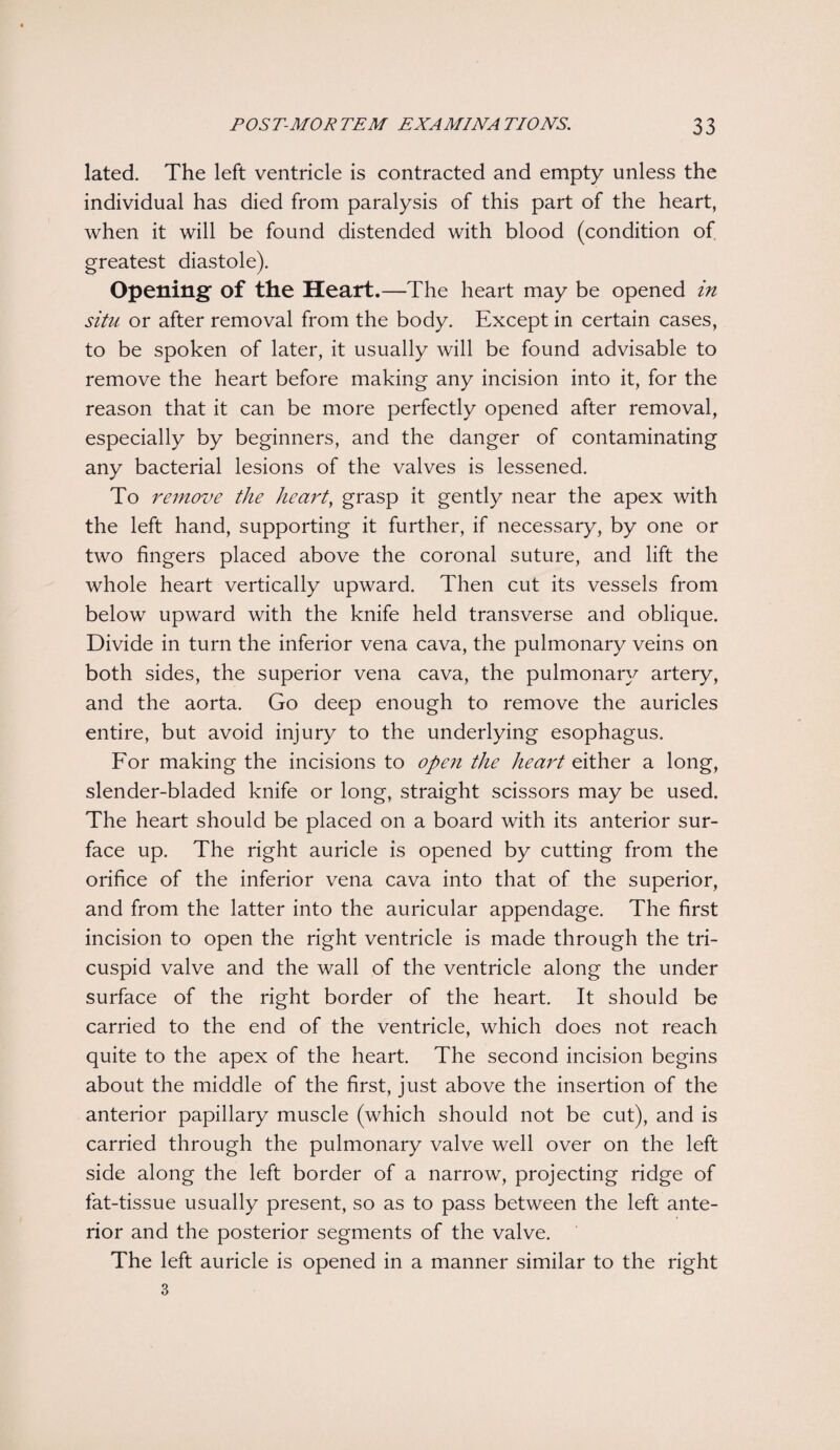 lated. The left ventricle is contracted and empty unless the individual has died from paralysis of this part of the heart, when it will be found distended with blood (condition of greatest diastole). Opening- of the Heart.—The heart may be opened in situ or after removal from the body. Except in certain cases, to be spoken of later, it usually will be found advisable to remove the heart before making any incision into it, for the reason that it can be more perfectly opened after removal, especially by beginners, and the danger of contaminating any bacterial lesions of the valves is lessened. To remove the heart, grasp it gently near the apex with the left hand, supporting it further, if necessary, by one or two fingers placed above the coronal suture, and lift the whole heart vertically upward. Then cut its vessels from below upward with the knife held transverse and oblique. Divide in turn the inferior vena cava, the pulmonary veins on both sides, the superior vena cava, the pulmonary artery, and the aorta. Go deep enough to remove the auricles entire, but avoid injury to the underlying esophagus. For making the incisions to open the heart either a long, slender-bladed knife or long, straight scissors may be used. The heart should be placed on a board with its anterior sur¬ face up. The right auricle is opened by cutting from the orifice of the inferior vena cava into that of the superior, and from the latter into the auricular appendage. The first incision to open the right ventricle is made through the tri¬ cuspid valve and the wall of the ventricle along the under surface of the right border of the heart. It should be carried to the end of the ventricle, which does not reach quite to the apex of the heart. The second incision begins about the middle of the first, just above the insertion of the anterior papillary muscle (which should not be cut), and is carried through the pulmonary valve well over on the left side along the left border of a narrow, projecting ridge of fat-tissue usually present, so as to pass between the left ante¬ rior and the posterior segments of the valve. The left auricle is opened in a manner similar to the right 3