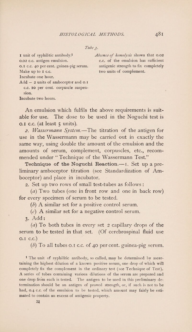 Tube 3. I unit of syphilitic antibody.1 0.02 c.c. antigen emulsion, o. 1 c.c. 40 per cent, guinea-pig serum. Make up to I c.c. Incubate one hour. Add — 2 units of amboceptor and o. 1 c.c. 10 per cent, corpuscle suspen¬ sion. Incubate two hours. Absence of hemotysis shows that 0.02 c.c. of the emulsion has sufficient antigenic strength to fix completely two units of complement. An emulsion which fulfils the above requirements is suit¬ able for use. The dose to be used in the Noguchi test is O.l c.c. (at least 5 units). 2. Wassermann System.—The titration of the antigen for use in the Wassermann may be carried out in exactly the same way, using double the amount of the emulsion and the amounts of serum, complement, corpuscles, etc., recom¬ mended under “ Technique of the Wassermann Test.” Technique of the Noguchi Reaction.— 1. Set up a pre¬ liminary amboceptor titration (see Standardization of Am¬ boceptor) and place in incubator. 2. Set up two rows of small test-tubes as follows : (a) Two tubes (one in front row and one in back row) for every specimen of serum to be tested. (,b) A similar set for a positive control serum. (c) A similar set for a negative control serum. 3. Add: (a) To both tubes in every set 2 capillary drops of the serum to be tested in that set. (Of cerebrospinal fluid use 0.1 c.c.) (3) To all tubes 0.1 c.c. of 40 percent, guinea-pig serum. 1 The unit of syphilitic antibody, so called, may be determined by ascer¬ taining the highest dilution of a known positive serum, one drop of which will completely fix the complement in the ordinary test (see Technique of Test). A series of tubes containing various dilutions of the serum are prepared and one drop from each is tested. The antigen to be used in this preliminary de¬ termination should be an antigen of proved strength, or, if such is not to be had, 0.4 c.c. of the emulsion to be tested, which amount may fairly be esti¬ mated to contain an excess of antigenic property. 31