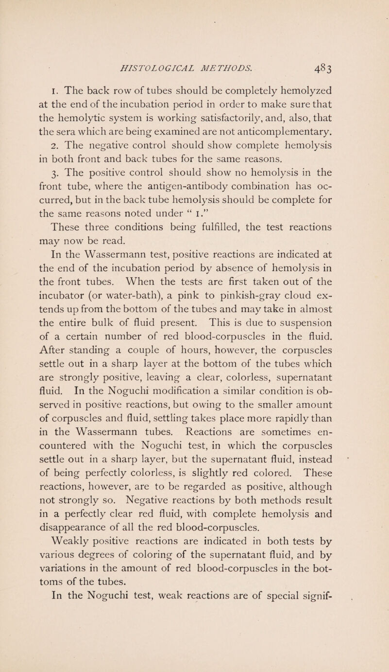 1. The back row of tubes should be completely hemolyzed at the end of the incubation period in order to make sure that the hemolytic system is working satisfactorily, and, also, that the sera which are being examined are not anticomplementary. 2. The negative control should show complete hemolysis in both front and back tubes for the same reasons. 3. The positive control should show no hemolysis in the front tube, where the antigen-antibody combination has oc¬ curred, but in the back tube hemolysis should be complete for the same reasons noted under “ 1.” These three conditions being fulfilled, the test reactions may now be read. In the Wassermann test, positive reactions are indicated at the end of the incubation period by absence of hemolysis in the front tubes. When the tests are first taken out of the incubator (or water-bath), a pink to pinkish-gray cloud ex¬ tends up from the bottom of the tubes and may take in almost the entire bulk of fluid present. This is due to suspension of a certain number of red blood-corpuscles in the fluid. After standing a couple of hours, however, the corpuscles settle out in a sharp layer at the bottom of the tubes which are strongly positive, leaving a clear, colorless, supernatant fluid. In the Noguchi modification a similar condition is ob¬ served in positive reactions, but owing to the smaller amount of corpuscles and fluid, settling takes place more rapidly than in the Wassermann tubes. Reactions are sometimes en¬ countered with the Noguchi test, in which the corpuscles settle out in a sharp layer, but the supernatant fluid, instead of being perfectly colorless, is slightly red colored. These reactions, however, are to be regarded as positive, although not strongly so. Negative reactions by both methods result in a perfectly clear red fluid, with complete hemolysis and disappearance of all the red blood-corpuscles. Weakly positive reactions are indicated in both tests by various degrees of coloring of the supernatant fluid, and by variations in the amount of red blood-corpuscles in the bot¬ toms of the tubes. In the Noguchi test, weak reactions are of special signif-