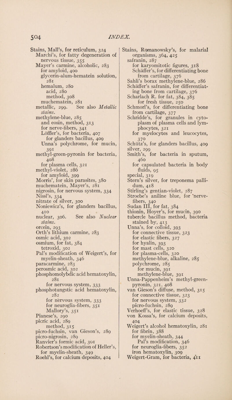 Stains, Mall’s, for reticulum, 324 Marchi’s, for fatty degeneration of nervous tissue, 355 Mayer’s carmine, alcoholic, 283 for amyloid, 400 glycerin-alum-hematein solution, 281 hemalum, 280 acid, 280 method, 308 muchematein, 281 metallic, 299. See also Metallic stains. methylene-blue, 285 and eosin, method, 313 for nerve-fibers, 341 Loffler’s, for bacteria, 407 for glanders bacillus, 409 Unna’s polychrome, for mucin, 391 methyl-green-pyronin for bacteria, 408 for plasma cells, 321 methyl-violet, 286 for amyloid, 399 Morris’, for skin parasites, 380 muchematein, Mayer’s, 281 nigrosin, for nervous system, 334 Nissl’s, 334 nitrate of silver, 300 Noniewicz’s, for glanders bacillus, 410 nuclear, 306. See also Nuclear stains. orcein, 293 Orth’s lithium carmine, 283 osmic acid, 302 osmium, for fat, 384 tetroxid, 302 Pal’s modification of Weigert’s, for myelin-sheath, 346 paracarmine, 283 perosmic acid, 302 phosphomolybdic acid hematoxylin, 281 for nervous system, 333 phosphotungstic acid hematoxylin, 282 for nervous system, 333 for neuroglia-fibers, 351 Mallory’s, 351 Pianese’s, 290 picric acid, 289 method, 315 picro-fuchsin, van Gieson’s, 289 picro-nigrosin, 289 Ranvier’s formic acid, 301 Robertson’s modification of Heller’s, for myelin-sheath, 349 Roehl’s, for calcium deposits, 404 Stains, Romanowsky’s, for malarial organisms, 364, 425 safranin, 287 for karyomitotic figures, 318 Schaffer’s, for differentiating bone from cartilage, 376 Sahli’s borax methylene-blue, 286 Schaffer’s safranin, for differentiat¬ ing bone from cartilage, 376 Scharlach R. for fat, 384, 385 for fresh tissue, 250 Schmorl’s, for differentiating bone from cartilage, 377 Schridde’s, for granules in cyto¬ plasm of plasma cells and lym¬ phocytes, 321 for myelocytes and leucocytes, 370 Schiitz’s, for glanders bacillus, 409 silver, 299 Smith’s, for bacteria in sputum, 460 for capsulated bacteria in body fluids, 95 special, 319 Stern’s silver, for treponema palli¬ dum, 418 Stirling’s gentian-violet, 287 Stroebe’s aniline blue, for ‘nerve- fibers, 340 Sudan III, for fat, 384 thionin, Hoyer’s, for mucin, 390 tubercle bacillus method, bacteria stained by, 413 Unna’s, for colloid, 393 for connective tissue, 323 for elastic fibers, 327 for hyalin, 393 for mast cells, 320 for plasma-cells, 320 methylene-blue, alkaline, 285 polychrome, 285 for mucin, 391 methylene-blue, 391 Unna-Pappenheim’s methyl-green- pyronin, 321, 408 van Gieson’s diffuse, method, 315 for connective tissue, 323 for nervous system, 332 picro-fuchsin, 289 Verhoeff’s, for elastic tissue, 328 von Kossa’s, for calcium deposits, 404 Weigert’s alcohol hematoxylin, 281 for fibrin, 388 for myelin-sheath, 344 Pal’s modification, 346 for neuroglia-fibers, 352 iron hematoxylin, 309 Weigert-Gram, for bacteria, 411