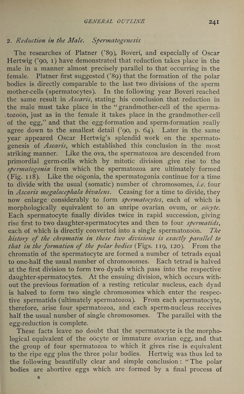 2. Reduction in the Male. Spermatogenesis The researches of Platner (’89), Boveri, and especially of Oscar Hertwig (’90, 1) have demonstrated that reduction takes place in the male in a manner almost precisely parallel to that occurring in the female. Platner first suggested (’89) that the formation of the polar bodies is directly comparable to the last two divisions of the sperm mother-cells (spermatocytes). In the following year Boveri reached the same result in Ascaris, stating his conclusion that reduction in the male must take place in the “ grandmother-cell of the sperma¬ tozoon, just as in the female it takes place in the grandmother-cell of the egg,” and that the egg-formation and sperm-formation really agree down to the smallest detail (’90, p. 64). Later in the same year appeared Oscar Hertwig’s splendid work on the spermato¬ genesis of Ascaris, which established this conclusion in the most striking manner. Like the ova, the spermatozoa are descended from primordial germ-cells which by mitotic division give rise to the spermatogonia from which the spermatozoa are ultimately formed (Fig. 118). Like the oogonia, the spermatogonia continue for a time to divide with the usual (somatic) number of chromosomes, i.e. four in Ascaris megalocephala bivalens. Ceasing for a time to divide, they now enlarge • considerably to form spermatocytes, each of which is morphologically equivalent to an unripe ovarian ovum, or oocyte. Each spermatocyte finally divides twice in rapid succession, giving rise first to two daughter-spermatocytes and then to four spermatids, each of which is directly converted into a single spermatozoon. The history of the chromatin in these two divisions is exactly parallel to that in the formation of the polar bodies (Figs. 119, 120). From the chromatin of the spermatocyte are formed a number of tetrads equal to one-half the usual number of chromosomes. Each tetrad is halved at the first division to form two dyads which pass into the respective daughter-spermatocytes. At the ensuing division, which occurs with¬ out the previous formation of a resting reticular nucleus, each dyad is halved to form two single chromosomes which enter the respec¬ tive spermatids (ultimately spermatozoa). From each spermatocyte, therefore, arise four spermatozoa, and each sperm-nucleus receives half the usual number of single chromosomes. The parallel with the egg-reduction is complete. These facts leave no doubt that the spermatocyte is the morpho¬ logical equivalent of the oocyte or immature ovarian egg, and that the group of four spermatozoa to which it gives rise is equivalent to the ripe egg plus the three polar bodies. Hertwig was thus led to the following beautifully clear and simple conclusion: “The polar bodies are abortive eggs which are formed by a final process of R