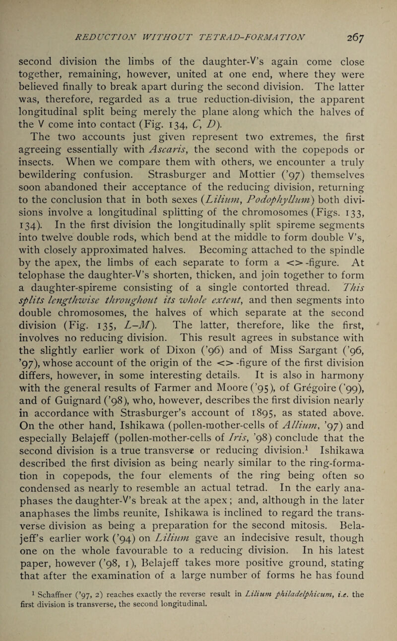 second division the limbs of the daughter-V’s again come close together, remaining, however, united at one end, where they were believed finally to break apart during the second division. The latter was, therefore, regarded as a true reduction-division, the apparent longitudinal split being merely the plane along which the halves of the V come into contact (Fig. 134, C, D). The two accounts just given represent two extremes, the first agreeing essentially with Ascaris, the second with the copepods or insects. When we compare them with others, we encounter a truly bewildering confusion. Strasburger and Mottier (’97) themselves soon abandoned their acceptance of the reducing division, returning to the conclusion that in both sexes (Lilium, Podophyllum) both divi¬ sions involve a longitudinal splitting of the chromosomes (Figs. 133, 134). In the first division the longitudinally split spireme segments into twelve double rods, which bend at the middle to form double V’s, with closely approximated halves. Becoming attached to the spindle by the apex, the limbs of each separate to form a <> -figure. At telophase the daughter-V’s shorten, thicken, and join together to form a daughter-spireme consisting of a single contorted thread. This splits lengthwise throughout its whole extent, and then segments into double chromosomes, the halves of which separate at the second division (Fig. 135, L-M). The latter, therefore, like the first, involves no reducing division. This result agrees in substance with the slightly earlier work of Dixon (’96) and of Miss Sargant (’96, ’97), whose account of the origin of the <> -figure of the first division differs, however, in some interesting details. It is also in harmony with the general results of Farmer and Moore (’95), of Gregoire (’99), and of Guignard (’98), who, however, describes the first division nearly in accordance with Strasburger’s account of 1895, as stated above. On the other hand, Ishikawa (pollen-mother-cells of Allium, ’97) and especially Belajeff (pollen-mother-cells of Iris, ’98) conclude that the second division is a true transverse or reducing division.1 Ishikawa described the first division as being nearly similar to the ring-forma¬ tion in copepods, the four elements of the ring being often so condensed as nearly to resemble an actual tetrad. In the early ana¬ phases the daughter-V’s break at the apex; and, although in the later anaphases the limbs reunite, Ishikawa is inclined to regard the trans¬ verse division as being a preparation for the second mitosis. Bela- jeff’s earlier work (’94) on Lilium gave an indecisive result, though one on the whole favourable to a reducing division. In his latest paper, however (’98, 1), Belajeff takes more positive ground, stating that after the examination of a large number of forms he has found 1 Schaffner (’97, 2) reaches exactly the reverse result in Lilium philadelphicum, i.e. the first division is transverse, the second longitudinal.