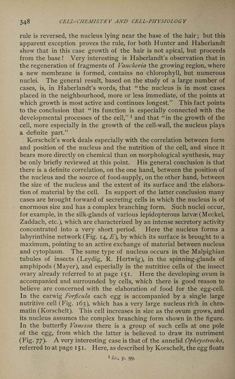 rule is reversed, the nucleus lying near the base of the hair; but this apparent exception proves the rule, for both Hunter and Haberlandt show that in this case growth of the hair is not apical, but proceeds from the base! Very interesting is Haberlandt’s observation that in the regeneration of fragments of Vaucheria the growing region, where a new membrane is formed, contains no chlorophyll, but numerous nuclei. The general result, based on the study of a large number of cases, is, in Haberlandt’s words, that “the nucleus is in most cases placed in the neighbourhood, more or less immediate, of the points at which growth is most active and continues longest.” This fact points to the conclusion that “ its function is especially connected with the developmental processes of the cell,” 1 and that “in the growth of the cell, more especially in the growth of the cell-wall, the nucleus plays a definite part.” Korschelt’s work deals especially with the correlation between form and position of the nucleus and the nutrition of the cell, and since it bears more directly on chemical than on morphological synthesis, may be only briefly reviewed at this point. His general conclusion is that there is a definite correlation, ort the one hand, between the position of the nucleus and the source of food-supply, on the other hand, between the size of the nucleus and the extent of its surface and the elabora¬ tion of material by the cell. In support of the latter conclusion many cases are brought forward of secreting cells in which the nucleus is of enormous size and has a complex branching form. Such nuclei occur, for example, in the silk-glands of various lepidopterous larvae (Meckel, Zaddach, etc.), which are characterized by an intense secretory activity concentrated into a very short period. Here the nucleus forms a labyrinthine network (Fig. 14, E\ by which its surface is brought to a maximum, pointing to an active exchange of material between nucleus and cytoplasm. The same type of nucleus occurs in the Malpighian tubules of insects (Leydig, R. Hertwig), in the spinning-glands of amphipods (Mayer), and especially in the nutritive cells of the insect ovary already referred to at page 151. Here the developing ovum is accompanied and surrounded by cells, which there is good reason to believe are concerned with the elaboration of food for the egg-cell. In the earwig Forftcula each egg is accompanied by a single large nutritive cell (Fig. 163), which has a very large nucleus rich in chro¬ matin (Korschelt). This cell increases in size as the ovum grows, and its nucleus assumes the complex branching form shown in the figure. In the butterfly Vanessa there is a group of such cells at one pole of the egg, from which the latter is believed to draw its nutriment (Fig. 77). A very interesting case is that of the annelid Ophryotrocha, referred to at page 151. Here, as described by Korschelt, the egg floats 1 Lc., p. 99.