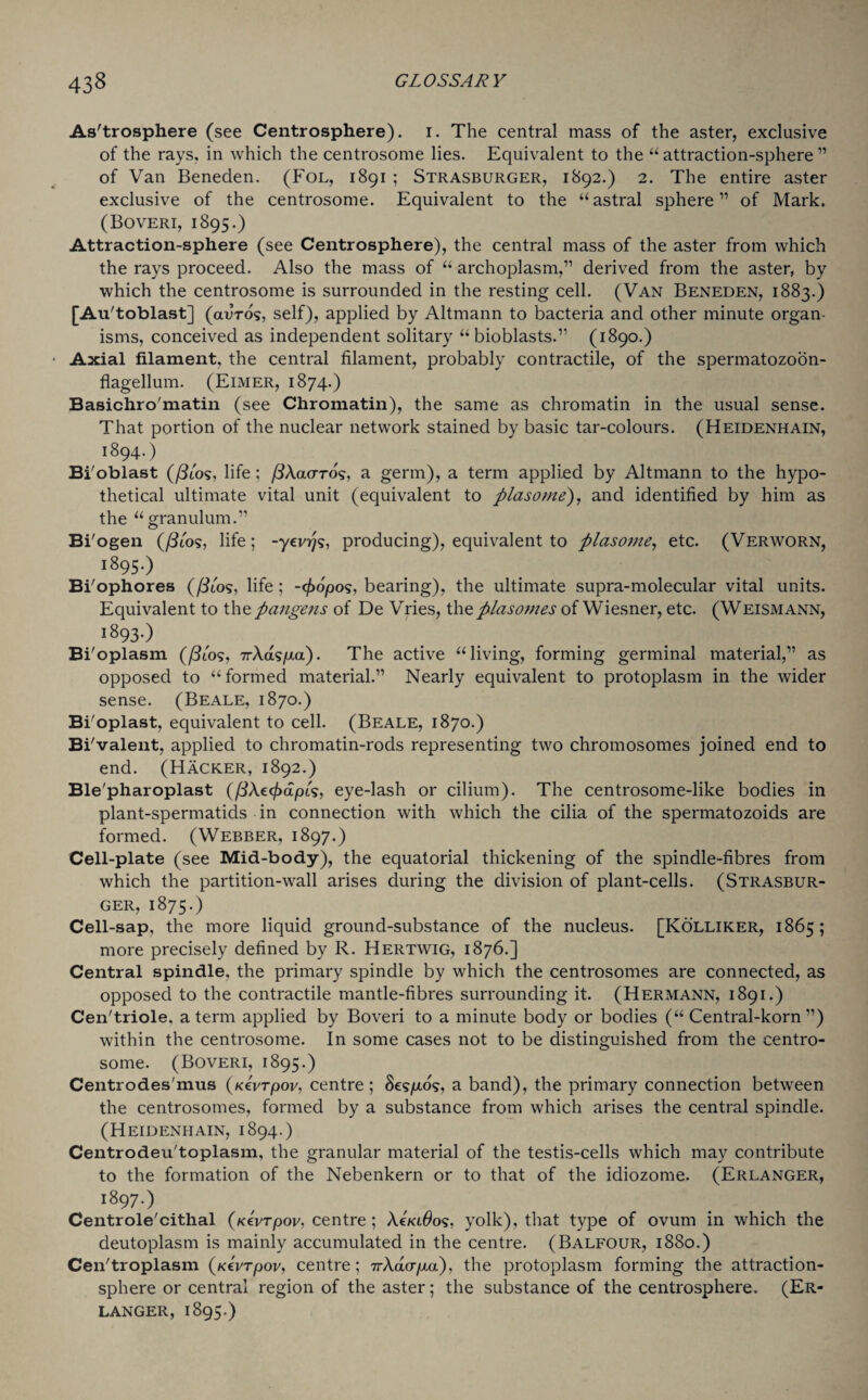 As'trosphere (see Centrosphere). i. The central mass of the aster, exclusive of the rays, in which the centrosome lies. Equivalent to the “ attraction-sphere ” of Van Beneden. (Fol, 1891 ; Strasburger, 1892.) 2. The entire aster exclusive of the centrosome. Equivalent to the “astral sphere” of Mark. (Boveri, 1895.) Attraction-sphere (see Centrosphere), the central mass of the aster from which the rays proceed. Also the mass of “ archoplasm,” derived from the aster, by which the centrosome is surrounded in the resting cell. (Van Beneden, 1883.) [Au'toblast] (adros, self), applied by Altmann to bacteria and other minute organ¬ isms, conceived as independent solitary “bioblasts.” (1890.) Axial filament, the central filament, probably contractile, of the spermatozoon- flagellum. (Eimer, 1874.) Basichro'matin (see Chromatin), the same as chromatin in the usual sense. That portion of the nuclear network stained by basic tar-colours. (Heidenhain, 1894. ) Bi'oblast (/3iog, life; /3\cl(tt6s, a germ), a term applied by Altmann to the hypo¬ thetical ultimate vital unit (equivalent to plasome), and identified by him as the “granulum.” Bi'ogen (/3io<;, life; -yev^s, producing), equivalent to plasome, etc. (Verworn, 1895. ) Bi'ophores (f3los, life ; -<£opog, bearing), the ultimate supra-molecular vital units. Equivalent to the pangens of De Vries, thepiasomes of Wiesner, etc. (Weismann, 1893-) Bi'oplasm (/?ios, TrXdsfxa). The active “living, forming germinal material,” as opposed to “formed material.” Nearly equivalent to protoplasm in the wider sense. (Beale, 1870.) Bi'oplast, equivalent to cell. (Beale, 1870.) Bi/valent, applied to chromatin-rods representing two chromosomes joined end to end. (Hacker, 1892.) Ble'pharoplast (/3Ae<£dpts, eye-lash or cilium). The centrosome-like bodies in plant-spermatids in connection with which the cilia of the spermatozoids are formed. (Webber, 1897.) Cell-plate (see Mid-body), the equatorial thickening of the spindle-fibres from which the partition-wall arises during the division of plant-cells. (Strasbur¬ ger, 1875.) Cell-sap, the more liquid ground-substance of the nucleus. [Kolliker, 1865; more precisely defined by R. Hertwig, 1876.] Central spindle, the primary spindle by which the centrosomes are connected, as opposed to the contractile mantle-fibres surrounding it. (Hermann, 1891.) Cen'triole. a term applied by Boveri to a minute body or bodies (“ Central-korn ”) within the centrosome. In some cases not to be distinguished from the centro¬ some. (Boveri, 1895.) Centrodes'mus (kci/rpov, centre; Seg/zos, a band), the primary connection between the centrosomes, formed by a substance from which arises the central spindle. (Heidenhain, 1894.) Centrodeu'toplasm, the granular material of the testis-cells which may contribute to the formation of the Nebenkern or to that of the idiozome. (Erlanger, i897-) Centrole'cithal (Ktvrpov, centre ; XIklOos. yolk), that type of ovum in which the deutoplasm is mainly accumulated in the centre. (Balfour, 1880.) CeiFtroplasm (Ktvrpov, centre; 7rAaoyxa), the protoplasm forming the attraction- sphere or central region of the aster; the substance of the centrosphere. (Er¬ langer, 1895.)