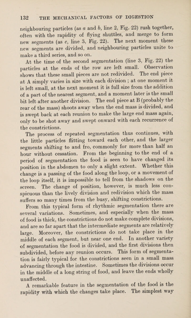 neighbouring particles (as a and b, line 2, Fig. 22) rush together, often with the rapidity of flying shuttles, and merge to form new segments (as c, line 3, Fig. 22). The next moment these new segments are divided, and neighbouring particles unite to make a third series, and so on. At the time of the second segmentation (line 3, Fig. 22) the particles at the ends of the row are left small. Observation shows that these small pieces are not redivided. The end piece at A simply varies in size with each division ; at one moment it is left small, at the next moment it is full size from the addition of a part of the nearest segment, and a moment later is the small bit left after another division. The end piece at B (probably the rear of the mass) shoots away when the end mass is divided, and is swept back at each reunion to make the large end mass again, only to be shot away and swept onward with each recurrence of the constrictions. The process of repeated segmentation thus continues, with the little particles flitting toward each other, and the larger segments shifting to and fro, commonly for more than half an hour without cessation. From the beginning to the end of a period of segmentation the food is seen to have changed its position in the abdomen to only a slight extent. Whether this change is a passing of the food along the loop, or a movement of the loop itself, it is impossible to tell from the shadows on the screen. The change of position, however, is much less con¬ spicuous than the lively division and redivision which the mass suffers so many times from the busy, shifting constrictions. From this typical form of rhythmic segmentation there are several variations. Sometimes, and especially when the mass of food is thick, the constrictions do not make complete divisions, and are so far apart that the intermediate segments are relatively large. Moreover, the constrictions do not take place in the middle of each segment, but near one end. In another variety of segmentation the food is divided, and the first divisions then subdivided, before any reunion occurs. This form of segmenta¬ tion is fairly typical for the constrictions seen in a small mass advancing through the intestine. Sometimes the divisions occur in the middle of a long string of food, and leave the ends wholly unaffected. A remarkable feature in the segmentation of the food is the rapidity with which the changes take place. The simplest way