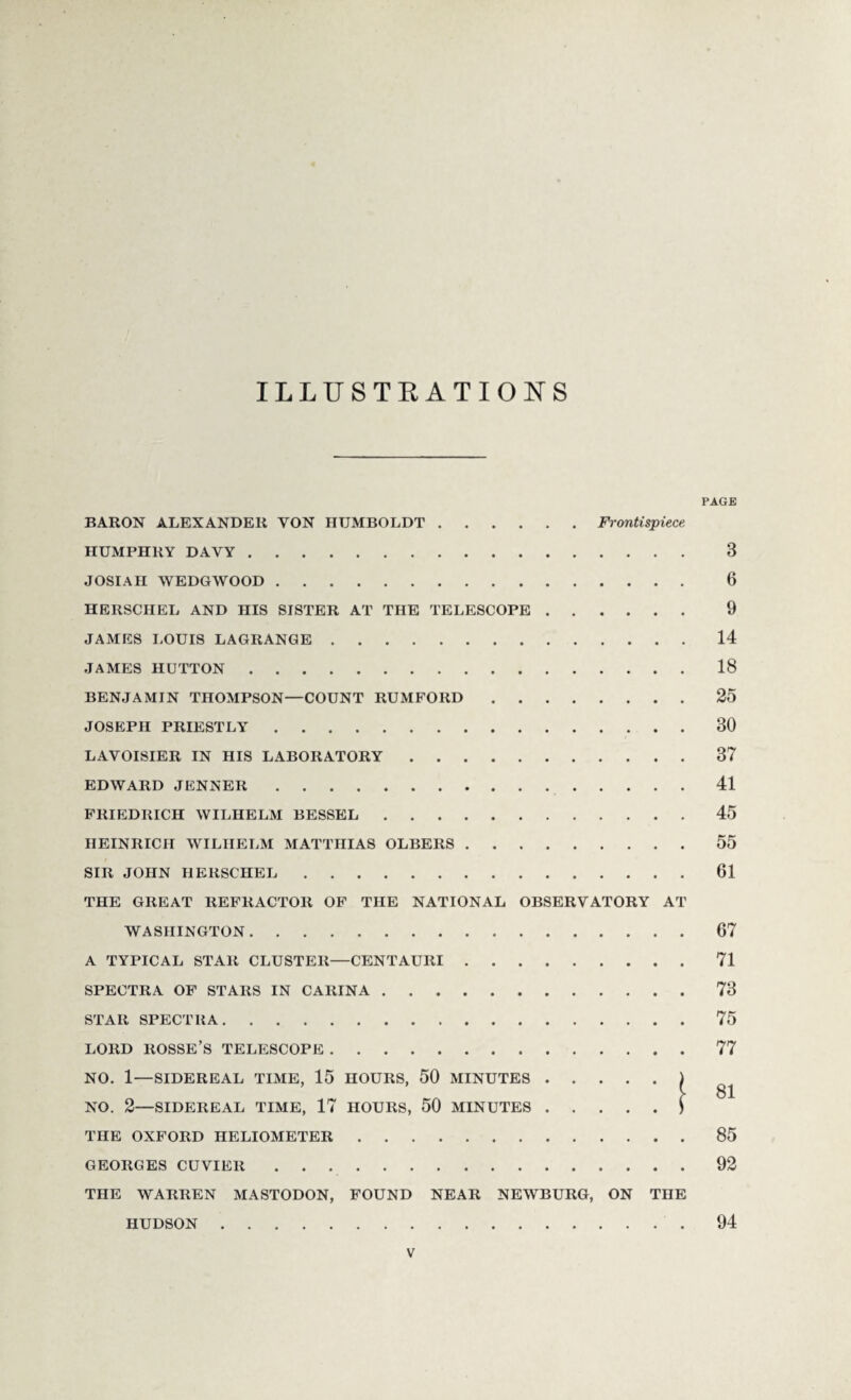 ILLUSTRATIONS PAGE BARON ALEXANDER YON HUMBOLDT.Frontispiece HUMPHRY DAVY. 3 JOSIAH WEDGWOOD. 6 HERSCHEL AND HIS SISTER AT THE TELESCOPE. 9 JAMES LOUIS LAGRANGE.14 JAMES HUTTON.18 BENJAMIN THOMPSON—COUNT RUMFORD.25 JOSEPH PRIESTLY.30 LAVOISIER IN HIS LABORATORY.37 EDWARD JENNER.41 FRIEDRICH WILHELM BESSEL.45 HEINRICH WILHELM MATTHIAS OLBERS.55 SIR JOHN HERSCHEL.61 THE GREAT REFRACTOR OF THE NATIONAL OBSERVATORY AT WASHINGTON.67 A TYPICAL STAR CLUSTER—CENTAURI.71 SPECTRA OF STARS IN CARINA.73 STAR SPECTRA.75 LORD ROSSE’S TELESCOPE.77 NO. 1—SIDEREAL TIME, 15 HOURS, 50 MINUTES.) ^ NO. 2—SIDEREAL TIME, 17 HOURS, 50 MINUTES.) THE OXFORD HELIOMETER.85 GEORGES CUVIER . . 92 THE WARREN MASTODON, FOUND NEAR NEWBURG, ON THE HUDSON.94