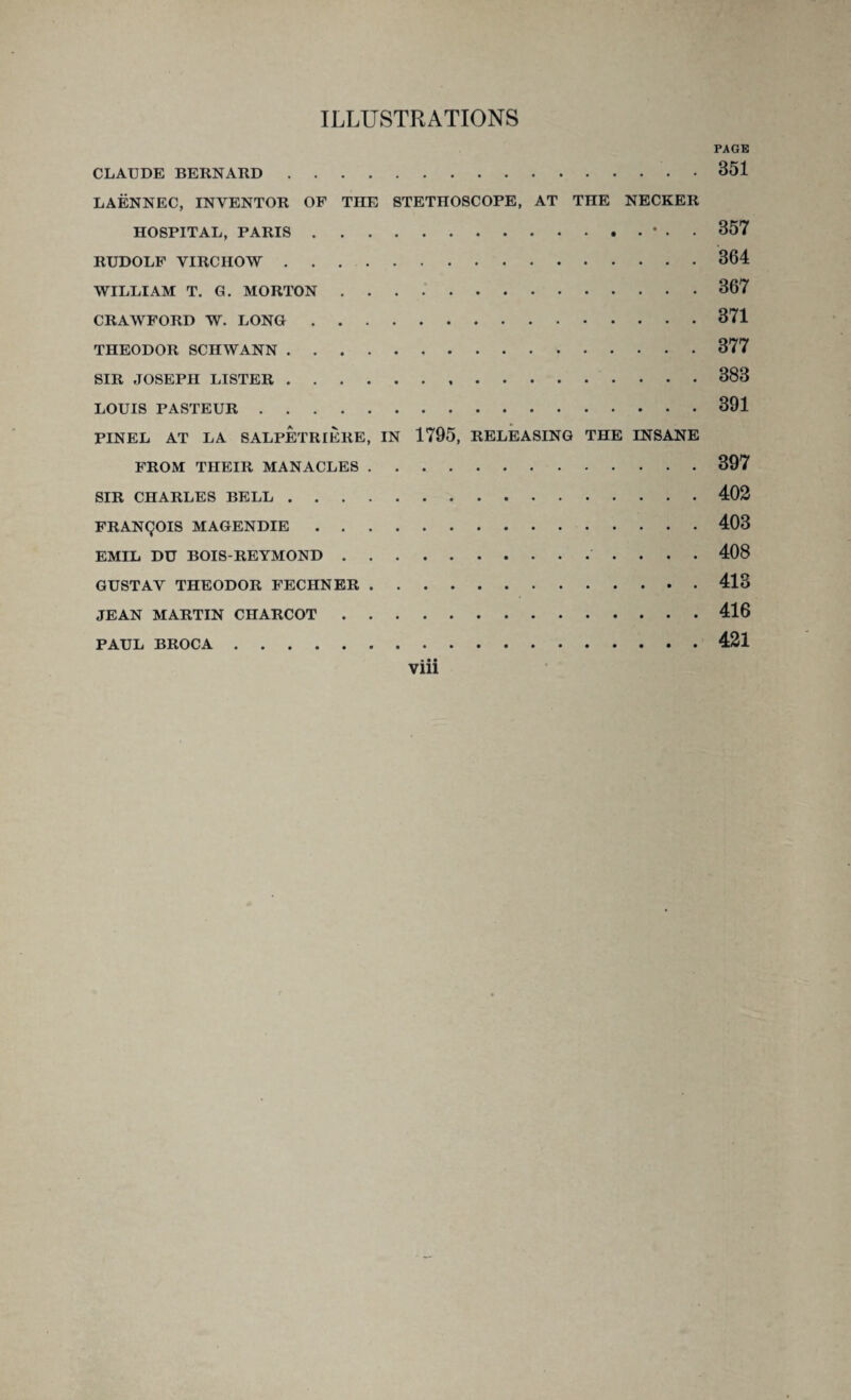 PAGE CLAUDE BERNARD . 351 LAENNEC, INVENTOR OF THE STETHOSCOPE, AT THE NECKER HOSPITAL, PARIS.* . . 357 RUDOLF VIRCHOW.364 WILLIAM T. G. MORTON.367 CRAWFORD W. LONG.371 THEODOR SCHWANN.377 SIR JOSEPH LISTER.383 LOUIS PASTEUR.391 PINEL AT LA SALPETRIERE, IN 1795, RELEASING THE INSANE FROM THEIR MANACLES.397 SIR CHARLES BELL.402 FRANQOIS MAGENDIE.403 EMIL DU BOIS-REYMOND. 408 GUSTAV THEODOR FECHNER.413 JEAN MARTIN CHARCOT.416 PAUL BROCA.421