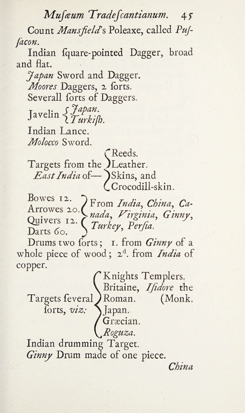 Count Mansfields Poleaxe, called Pufi [aeon. Indian fquare-pointed Dagger, broad and flat. Japan Sword and Dagger. Moores Daggers, 2 forts. Severall forts of Daggers. T v r 7apart. Jatelln VTirkif,. Indian Lance. Molocco Sword. C Reeds. Targets from the ) Leather. East India of—y Skins, and CCrocodill-skin. Bowes iz. < prom [nclia China, Ca- Arrowes 20.( , Tr. ? . . > nada. rimnia, (1 mny. Quivers 12. ( ~ , r>r J Darts 60. \ Turl‘>'■ Drums two forts; 1. from Ginny of a whole piece of wood; 2d. from India of copper. Knights Templers. Britaine, Ifidore the Targets feveral ) Roman. (Monk, forts, viz: ^ Japan. Grecian. Roguza. Indian drumming Target. Ginny Drum made of one piece. China