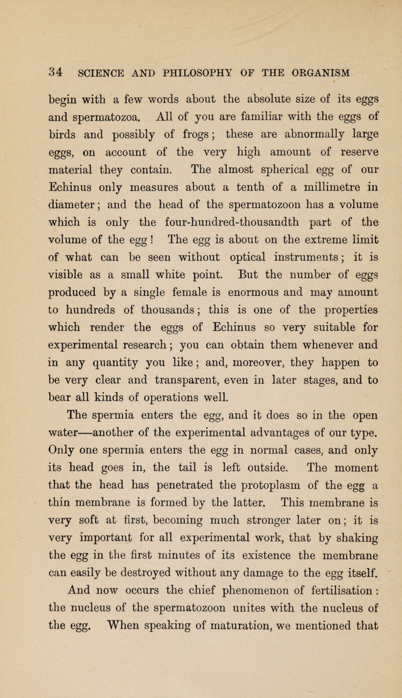 begin with a few words about the absolute size of its eggs and spermatozoa. All of you are familiar with the eggs of birds and possibly of frogs; these are abnormally large eggs, on account of the very high amount of reserve material they contain. The almost spherical egg of our Echinus only measures about a tenth of a millimetre in diameter; and the head of the spermatozoon has a volume which is only the four-hundred-thousandth part of the volume of the egg! The egg is about on the extreme limit of what can be seen without optical instruments; it is visible as a small white point. But the number of eggs produced by a single female is enormous and may amount to hundreds of thousands; this is one of the properties which render the eggs of Echinus so very suitable for experimental research; you can obtain them whenever and in any quantity you like; and, moreover, they happen to be very clear and transparent, even in later stages, and to bear all kinds of operations well. The spermia enters the egg, and it does so in the open water—another of the experimental advantages of our type. Only one spermia enters the egg in normal cases, and only its head goes in, the tail is left outside. The moment that the head has penetrated the protoplasm of the egg a thin membrane is formed by the latter. This membrane is very soft at first, becoming much stronger later on; it is very important for all experimental work, that by shaking the egg in the first minutes of its existence the membrane can easily be destroyed without any damage to the egg itself. And now occurs the chief phenomenon of fertilisation : the nucleus of the spermatozoon unites with the nucleus of the egg. When speaking of maturation, we mentioned that