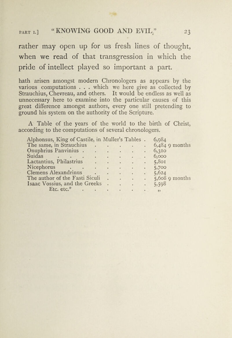 “KNOWING GOOD AND EVIL” 4 rather may open up for us fresh lines of thought, when we read of that transgression in which the pride of intellect played so important a part. hath arisen amongst modern Chronologers as appears by the various computations . . . which we here give as collected by Strauchius, Chevreau, and others. It would be endless as well as unnecessary here to examine into the particular causes of this great difference amongst authors, every one still pretending to ground his system on the authority of the Scripture. A Table of the years of the world to the birth of Christ, according to the computations of several chronologers. Alphonsus, King of Castile, in Muller’s Tables The same, in Strauchius .... Onuphrius Panvinius ..... Suidas ....... Lactantius, Philastrius .... Nicephorus. Clemens Alexandrinus .... The author of the Fasti Siculi Isaac Vossius, and the Greeks . Etc. etc.”. 6,984 6,484 9 months 6,310 6,000 5,801 5,700 5,624 5,608 9 months 5,598