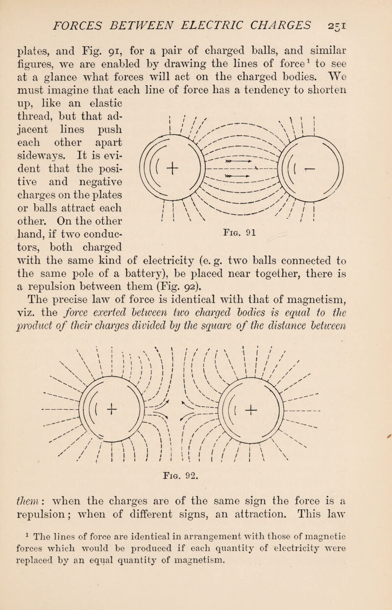 plates, and Fig. 91, for a pair of charged balls, and similar figures, we are enabled by drawing the lines of force1 to see at a glance what forces will act on the charged bodies. We must imagine that each line of force has a tendency to shorten up, like an elastic thread, but that ad¬ jacent lines push each other apart sideways. It is evi¬ dent that the posi¬ tive and negative charges on the plates or balls attract each other. On the other hand, if two conduc¬ tors, both charged with the same kind of electricity (e. g. two balls connected to the same pole of a battery), be placed near together, there is a repulsion between them (Fig. 92). The precise law of force is identical with that of magnetism, viz. the force exerted between two charged bodies is equal to the product of their charges divided by the square of the distance between them: when the charges are of the same sign the force is a repulsion; when of different signs, an attraction. This law 1 The lines of force are identical in arrangement with those of magnetic forces which would be produced if each quantity of electricity were replaced by an equal quantity of magnetism.