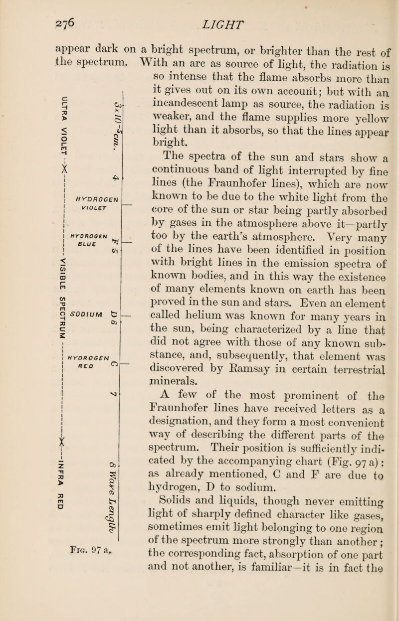 appear dark on a bright spectrum, or brighter than the rest of the spectrum. With an arc as source of light, the radiation is so intense that the flame absorbs more than it gives out on its own account; but with an incandescent lamp as source, the radiation is weaker, and the flame supplies more yellow light than it absorbs, so that the lines appear bright. The spectra of the sun and stars show a 7} > < o r~ m Co * hydrogen VIOLET HYDROGEN BLUE ^ Cn 5 CD 03 r* n <n T5 O SODIUM fa 30 C Z HYDROGEN RED ^ continuous band of light interrupted by fine lines (the Fraunhofer lines), which are now known to be due to the white light from the core of the sun or star being partly absorbed by gases in the atmosphere above it—partly too by the earth’s atmosphere. Very many of the lines have been identified in position with bright lines in the emission spectra of known bodies, and in this way the existence of many elements known on earth has been proved in the sun and stars. Even an element called helium was known for many years in the sun, being characterized by a line that did not agree with those of any known sub¬ stance, and, subsequently, that element was discovered by Kamsay in certain terrestrial minerals. X 2 -n 30 > 30 m D si Fig. 97 a. A few of the most prominent of the Fraunhofer lines have received letters as a designation, and they form a most convenient way of describing the different parts of the spectrum. Their position is sufficiently indi¬ cated by the accompanying chart (Fig. 97 a): as already mentioned, C and F are due to hydrogen, D to sodium. Solids and liquids, though never emitting light of sharply defined character like gases, sometimes emit light belonging to one region of the spectrum more strongly than another ; the corresponding fact, absorption of one part and not another, is familiar—it is in fact the