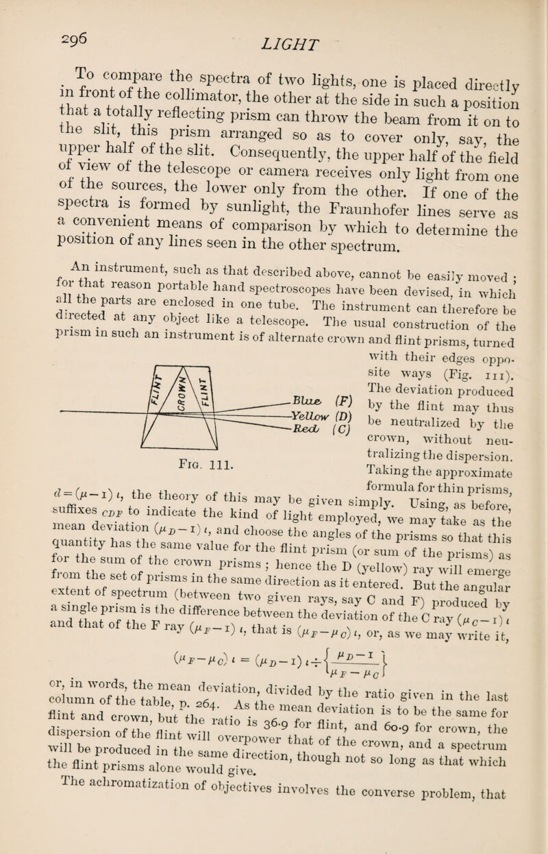 To compare the spectra of two lights, one is placed directly l ^a t f colhmator, the other at the side in such a position that a totally reflecting prism can throw the beam from it on to the slit, this prism arranged so as to cover only, sav the Upper half of the sht. Consequently, the upper half of the’field of view of the telescope or camera receives only light from one of the sources, the lower only from the other. If one of the spectra is formed by sunlight, the Fraunhofer lines serve as a convenient means of comparison by which to determine the position of any lines seen in the other spectrum. An instrument, such as that described above, cannot be easily moved • 01 that reason portable hand spectroscopes have been devised, in which all the parts are enclosed in one tube. The instrument can therefore be fleeted at any object like a telescope. The usual construction of the pnsm in such an instrument is of alternate crown and flint prisms, turned with their edges oppo¬ site ways (Fig. hi). Ihe deviation jiroduced by the flint may thus be neutralized by the crown, without neu¬ tralizing the dispersion. Taking the approximate (,-1)., the theory of this may he given sin^^beZ’ neanlevTaUonT t6lthe * light as tire lean deviation 1) l} and choose the angles of the orisrns so fw quantity has the same value for the flint prism (or stfofTheTutns t 01 he sum of the crown prisms ; hence the D (yellow) ray will emerge f) om the set of prisms in the same direction as it entered. But the angular exten of spectrum (between two given rays, say C and F) produced by a single prism is the difference between the deviation of the Cr y?„ n , and that of the Fray (u,_ I) , that is „ re L, ray (/<c-i) < j \rF -l; 1, mat is buF — ^ or, as we may write it, Btme (F) Yellow (D) Red, (C) Fig. HI. — = {Fd— i) It( 1/ Pd- colu mn ofthe Uibl©6p1 *ria“on>diTi<1«J the ratio given in the last hint and crown, buttte mtifis 3“ flilftnd ^ T  nr^uced win rzi:1:: the thoush not so iong as that whkh The acliromatization of objectives involves the converse problem, that