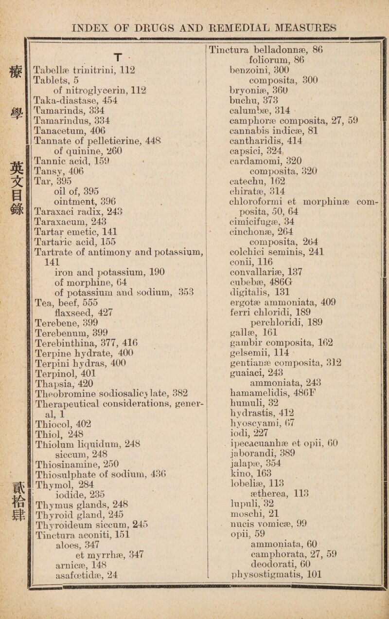 1 1 Tinctura belladonnse, 86 1 T foliorum, 86 Tabellse trinitrini, 112 benzoini, 300 Tablets, 5 composita，300 of nitroglycerin, 112 bryonise, 36(J Taka-diastase, 454 buchu, 37B Tamarinds, 334 ealnmbse, 314 8 Tamarindus, 334 camphorae composita, 27, 59 1 Tanacetum, 406 cannabis indicse, 81 圏 Tannate of pelletierine, 448 cantharidis，414 of quinine, ^60 capsici, 324 I Tannic acid, 159 • cardamomi，320 I Tansy, 406 composita, 320 I Tar, 395 catechu, 162 oil of, 395 cbiratse, 314 ointment, 396 . chloroformi et morpliinse com- I Taraxaci radix, 243 posita, 50, 64 I Taraxacum, 243 cimicifugse, 34 | Tartar emetic, 141 cinchonse, 264 I Tartaric acid, 155 composita, 264 I Tartrate of antimony and potassium, colchici seminis, 241 141 conii，116 iron and potassium, 190 convallarise, 137 of morphine, 64 cubebge，486G of potassium and sodium, 353 digitalis, 131 | Tea, beef, 555 ergotse ammoniata, 409 flaxseed, 427 ferri chloridi, 189 1 Terebene, 399 perch loridi, 189 | I Terebenum, 399 gallse, 161 | Terebinthina, 377, 416 gambir composita, 162 | Terpine hydrate, 400 gelsemii, 114 | Terpini hydras, 400 gentian* composita, 312 謹 Terpinol, 401 guaiaci, 243 I Thapsia, 420 ammoniata, 243 | 1 Theobromine sodiosalicj late, 382 hamamelidis, 48GF | I Therapeutical considerations, gener- liumuli, 32 al, 1 hyclrastis, 412 I Thiocol, 402 hyoscyami, 07 1 Thiol, 248 iodi, 227 I Thiolum liquidum, 248 .ipecacuanhse et opii, GO siccnm, 248 jaborandi, 389 I Tliiosinaniine, 250 jalapye，354 匯 Thiosulphate of sodium, 436 kino, 163 1 Thymol, 284 lobeliae, 113 | iodide, 235 setherea, 113 | Thymus glands, 248 In puli, 32 1 Thyroid gland, 245 moscbi, 21 1 Thyroidenm siccnm, 245 nncis vomicae, 99 I Tinctura aconiti, 151 opii, 59 aloes, 347 ammoniata, 60 et myrrli^e, B47 camphorata, 27, 59 arnicse, 148 deodorati, 60 I asafoetidse, 24 9 pliysostigmatis, 101 療 學 英 文 S 錄 薇