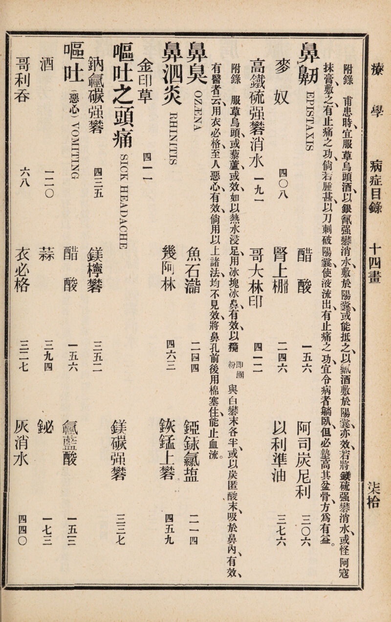 療 病症目錄 十四畫 柒袷 -----..- --I 附患時宜服草烏頭酒以銀氰强礬消水敷於陽I或能抵之、以fee酒敷凇陽«,亦：^若將鎂硫强礬消水、或怪阿寇 抹膏、敷之、有止痛之功、備右腫甚、以刀刺破陽«,使液流出、有止痛之&宜令病者躺臥、但必塾高其盆骨、方爲有SD ‘gEPISTAXIS 醋酸 一五六 阿司炭尼利三o六 麥奴 0OA 腎上棚 工四六 以利準油 li〈 高鐵硫强礬消水一九一 哥大林印 四三 附錄服草烏亂或藜仏或队如以熱水浸私用冰塊冰I有先以獍liil與白礬末各半、或以炭匿酸末、吸於鼻內、有先 有醫者一一{用衣必I至人惡4有氣倘用以上諸私均不見見將鼻孔前後用棉塞仏能止血MO、 鼻臭OINA 鼻泗炎 EHINITIS 金印草 四一一 嘔吐之頭痛 SICK HEADACHE __碳强礬 喔吐-惡心 酒 哥利吞 魚石瀧 幾_林 1 1四四 四六三 鏈銶氱盥 鋏锰上礬 變碳强礬 四三五 顏檸礬 三五二 •—* 0 ^- <! O g rH 'r-l Q 标 醋 酸 赛■■■办 四 五 六 % 鉍 氯 薛 JDGIX 酸 六八 衣必格 三二七 灰消水