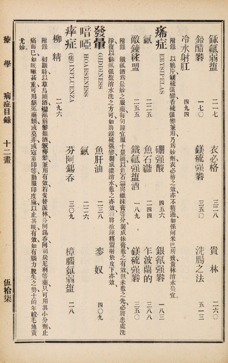 衣必格 鎂硫强礬 三二八 三五o 貴林 洗腸之法 11六0 五一三 銾氱弱盥 二$ 鉬醋礬 io 冷水射肛 —四 附錄以鴉^鎂硫强«,香硫强礬兼1乃爲妙fK衣必格之效、亦不稍遜、如係阿米巴所IV貴林消水最so 瘍症EEYSIPELAS 硼讓.，.I六 銀氰强礬 -AH 氯 二二五 魚石櫧 ii四 乍波蘭的 一一 KA 敵錬毽盟 一 1 鐵氱强盥酒一八九• 鎂硫强礬 蓋O 附錄鐵*酒爲最妙之服藥、每句鐘宜服十量滴、以魚石纈與蠟抹膏等分、製成抹膏、敷之有效、但未敷之先、必將患處洗 I復以銾S强盘消水洗之方一5^如將銕硫强礬、製成濃消水、敷之亦效 將敵鍊猶盟射於皮下、亦效、 魚肝油 芬阿錫吞 二三八 二二六 三o九 麥奴 四o丸 腦氮弱盥 二八 發暈 GIDDISS 暗S HOAESKNass 瘁痖 (瘥)INFLUENZA 柳精 工九六 附錄初顯I以草烏頭«,鎰»弱礬雜酒、鑛棒_、兼用有效、若安替派林、芬阿錫吞、阿爾炭尼利等藥、只可用其小分1止 痛而&,如咳嗽甚*,可用藤風藥既或莫4或寇苐印I勸服印度S,以止其^有氣如有腦力脫失之系士的年驗毛地黃 尤I 病症目錄 十二畫 伍袷柒