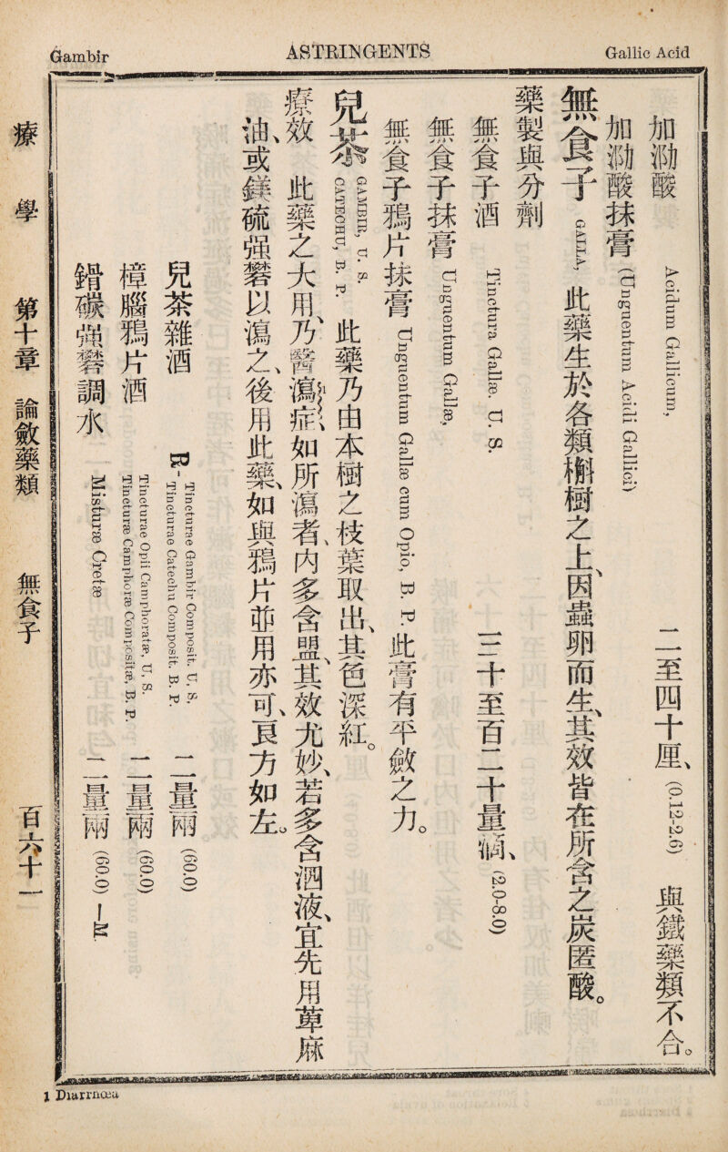 •1»D1 mb a G AcidumQallicunl ‘ 二至四十厘、—與鐵藥類不合I ®酸妹膏(UBgln Aeidi Galliei) . 食子el此藥生於各類樞樹之上、因蟲卵而失其效皆在所含之炭匿既 藥製與分劑 、 食子酒 Tin— al, XL S. 三十至百二十量.亂(g-ao) ii 無食子 Un guenturn Gal】8B, o 無食子li片抹膏Unguentum Gallse I opi。，B. p.此膏有平敛之力 兒茶IUIYP.此藥乃由本樹之i葉取出、其、色深紅。、 、 療效此藥之大用、乃醫0^如所瀉氣内多含盟、其效尤妙、若多含泗液、宜先用萆麻 亂或鎂硫强磐以瀉L後用此藥如與_片茆用亦瓦貝方如也 兒荼雜酒 樟腦獨片酒 R- TincturaeQambircomposit. U, S, Tincturae Catechu composit. B. P. Tincturaeorliioamr>horata?, U, S. snctunecamphorBccmpsitse, R 量雨(s.o) 量兩(6— 療 學 ? 章 霊 1 1 雲 1 mm ii miB—1» 和 -- mOI it 礙 强 fl 調 水 g 1 B 1 S! 1 i 1量 二二 I fl a 〆^^ 1 § L X