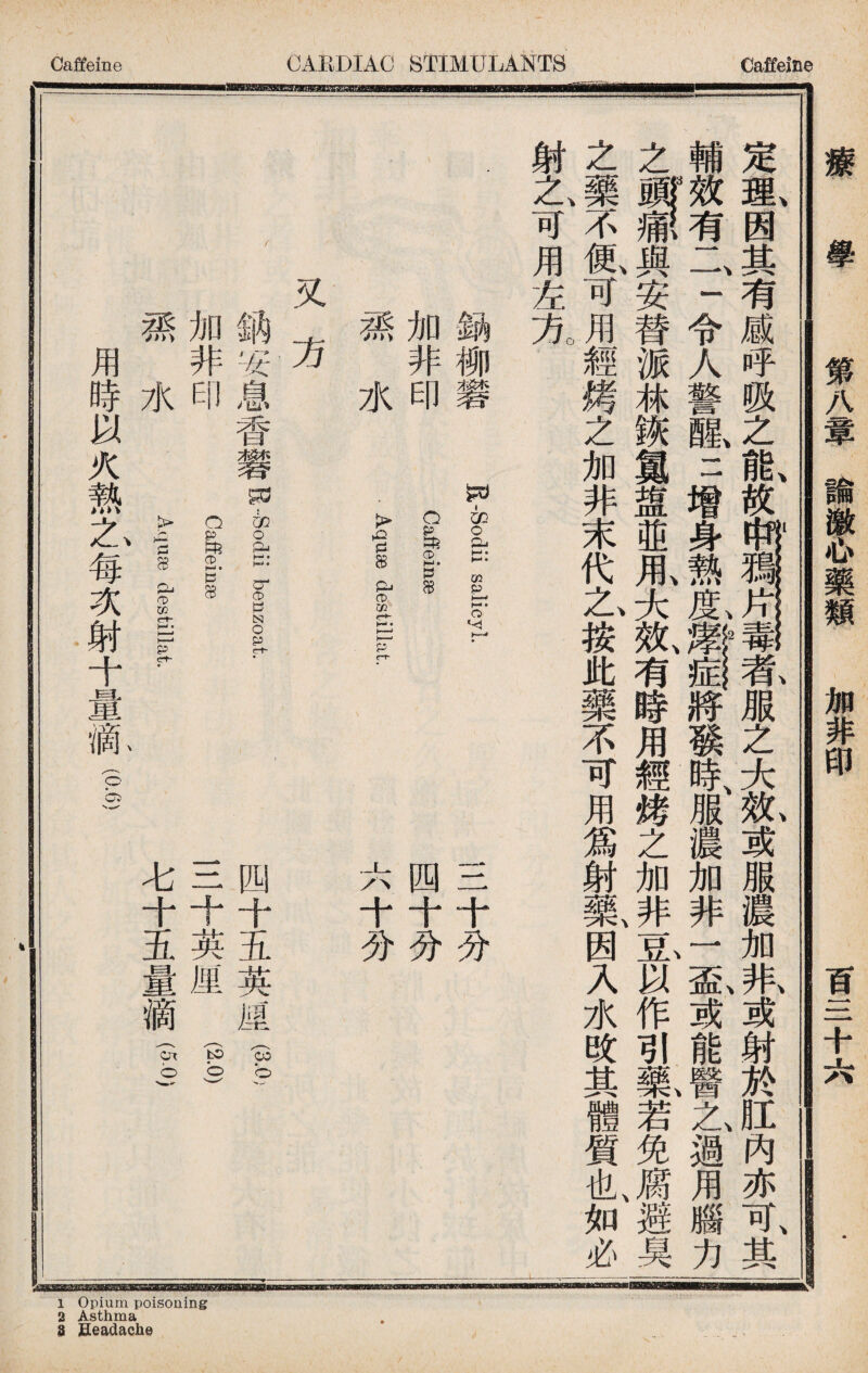 •_L /、四三 十十十 I、 Caffeine OAEDIAC STIMULANTS Caffeine 四十五英M(§、' 三十英厘fco.Q) 七十五量滴i> 銷柳礬 Dbpp 力夢E JJ-Sodii saiicyl. Caffeinae 蓀水 • destillat, 又方 安自S香馨f _汁. 加非印 。— Aquae destillat. 用時以火熱t每次射十 定理、因其有感呼吸之能、故断服之大笟或服濃加张或射於肛內亦可、其 輔效有二一令人警醒、二增身熱將蔟氣服濃加非一氣或能醫之過用腦力 之gi與安替派林诙氮盥並甩大效、有時用經烤之加非覓以作引氟若免腐避臭 之藥不便、可用經烤之加非末代乙按此藥不可用爲射藥、因入水改其體質也、如必 射之> 用左九 療學 第八章論激心藥類加非印 百三十六 1 Opium poisoning 2 Asthma S； Headache