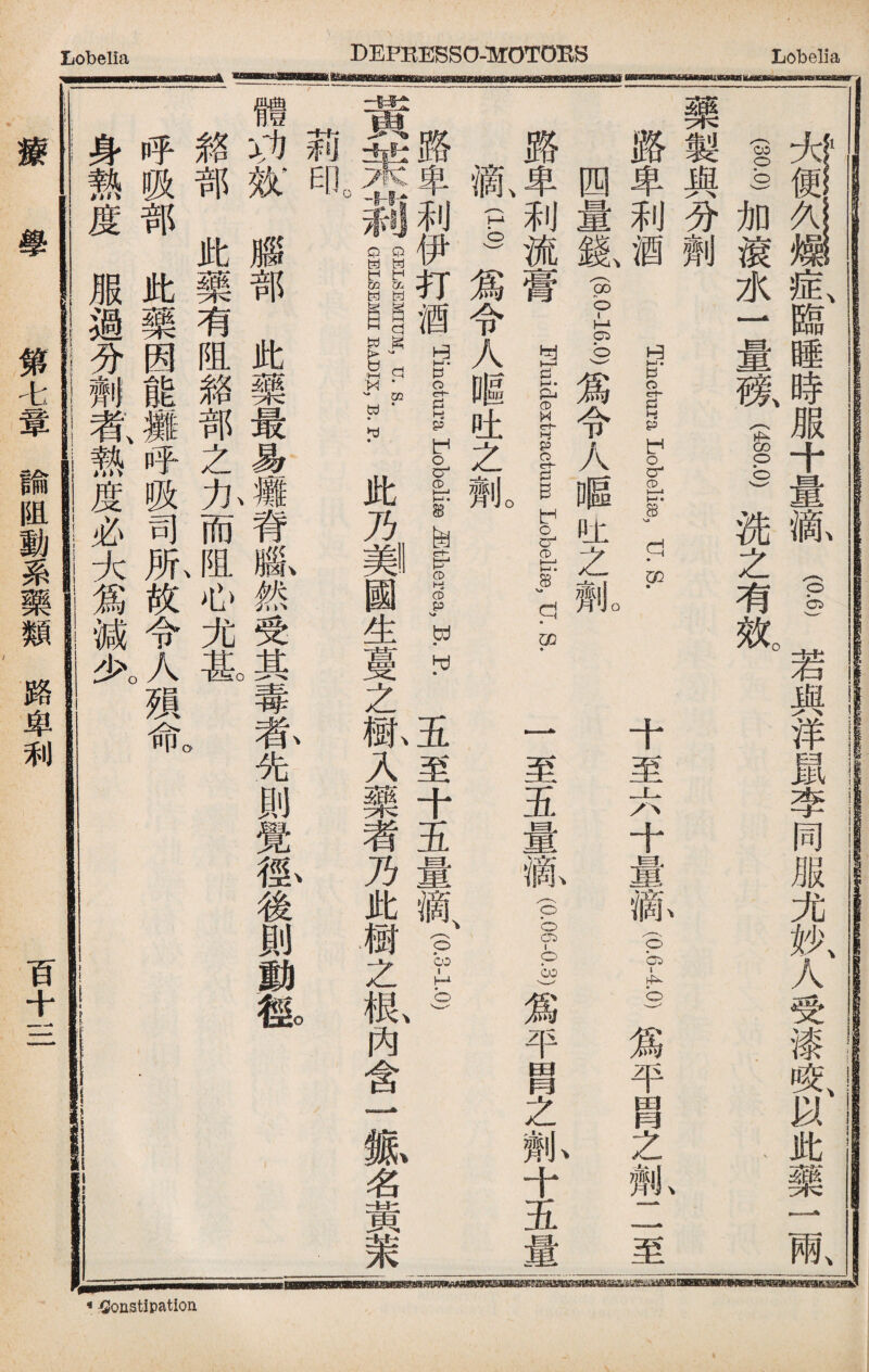 * Constipation iiii s ss( 症、臨睡時服十量齓—若與洋鼠李同服尤执人受漆咬、以此藥一兩、 (I加滾水一量榜、I。)洗之有效。' I 樂製與分劑 路卑利酒 Tinctura LobeliJBU. S. 四量錢、(g-—爲令人嘔吐之亂 十至六十量滴(？4.0)爲平胃之_二至 路卑利流膏 FluideHt/ractum Lobelias, U. $ 一至五量槪II爲平冑之亂十五量| 齓(5)爲令人暱吐之IIJO Tinctura Lobelise &tllerea, wb.五至十五量滴、？s) 黃茉ilI!III;x;B. P.此乃_國生蔓之亂入藥者乃此樹之既內含一露名黃茉 4-un- E 體功敫腦部此藥最易玀脊‘然受其毒养先則覺衝後則動毯 O 療 學 第 七 章1 諭1 阻！ 動1 % 1 M I 類 路 卑 利 身呼雜 熱吸部 度部 此 服此藥 過藥有 分因阻 |劑能雜 者、攤部 i熱呼之 !度吸力 i必司而 1大所、阻 1爲敌心 ii令茬 少。A甚 命。 百 十 __ 一一 ' I 1 f