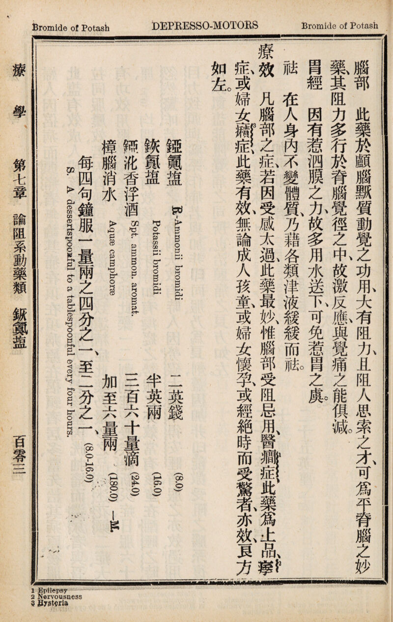 1 Epilepsy 2 Nervousness § Hys^ria Bromide of Potash DEPEESSO-MOTOBB Bromide of Potash m 腦部此藥於顱腦飘質動覺之功用大有阻力且阻人思索之才可爲Me腦之妙 歡其阻力多行於脊腦！徑之屯故徼^i與覺痛之4俱齓. 冑經因有惹泗膜之九故多用水送K可免惹冑之處 祛在人身內不變體質(乃藉各類津液緩籟而KO 療效凡腦部之症若因受感太過此藥最妙帷腦部受阻忌用醫撊症此藥、爲土、品寧 鼠或婦女此藥有亂無論成人孩氳或婦女懷孕或經絶時而受驚#亦亂貝方 如左。 ISM想 blidi 狹_皿 PI brli 雨 ^5香^十^1Gopt. ammon. aromat. 樟腦消水 Aquae camphoi 二英錢 1 半英兩 1 三百六十量滴(I) 加至六量兩：P1) I】 每四句鐘服一量兩之四分之一至二分之一 I , s. A dessertspocaful to a tablespoonful every four hours. 療學 第七章諭阻系動藥類鈒鐵盥 百零三