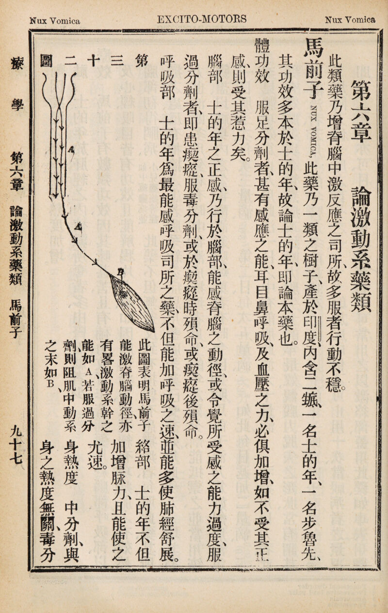 I 此類藥乃增脊腦中激反應之司所故多服者行動不 馬前子 第六章 論激動系藥類 NUX VOMICA, 此藥乃一類之樹子產於印度內舎一繊一名士的年一名步魯先 其功效多本於士的丰故論士的半即論本藥I 體功效服足分劑氣甚有感應之能、耳目鼻呼吸、及Jt壓之九必俱加取如不受其正 獻則受其惹力矣 腦部士的年之正氣乃行於腦氮能感脊腦之動徑、或令覺所受烕之能力過I服 過分劑莕即患瘈經、服毒分亂或於瘈癡時殒命、或瘈癡後殒命。 呼吸部士的年爲最能感呼吸司所之藥不但能加呼吸之風並能多使肺經舒展。 第 此11表明馬前、子絡部士的年不但 三 能激脊腦動徑亦加增脎九且能使之 , 有畧激動8之“。 十 <JI如A苦服過分犬L、 二K/_T—' h^\ ，数則阻薦中動系身熱度中分刺與 y 之末如B、 身之熱度無亂毒分 療 學 笫六葷諭激動系藥類馬前子 九十七