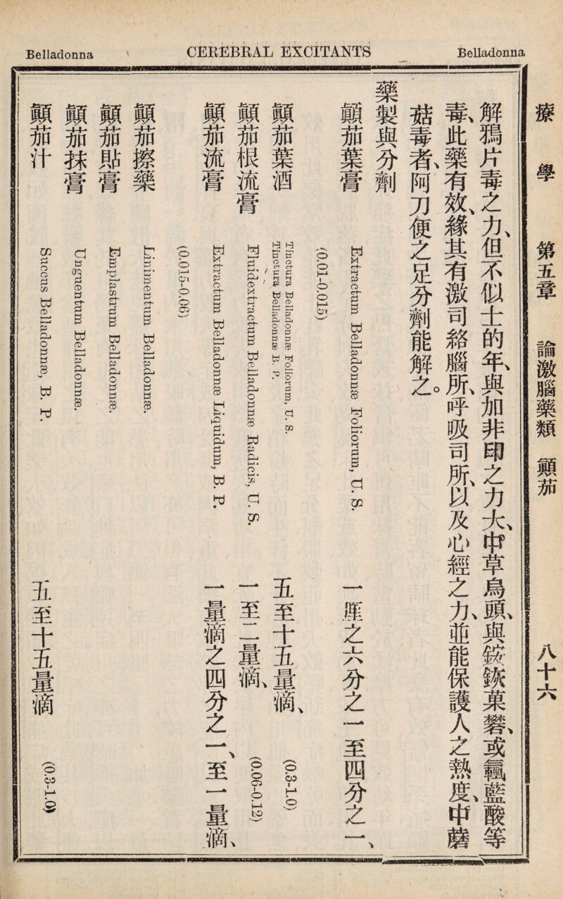 解獨片毒之力但不似士的年與加非w之力大It?,草烏頭與銨_菓礬或翼i酸等 氟此藥有效、錄其有激司絡腦肌呼吸司所、以及心經之九並能保護人之熱度、中_ ，菇毒乾阿刀便之足分_能解^0 藥製與分劑 Extractumwelladonnse Foliorulpu. S. 顚茄葉膏 顚茄葉酒 顚茄根流膏 顚茄流膏 厘之六分之一至四分之一 顚茄擦藥 顚茄郞膏 顛茄秭膏 顚茄汁 P01-P015) Tiucturawelladonn£e I'oliorum, U. S. Tinctura JBeliadonnee B. p. Fluidex 汁 racklmweiladonnge Eadicis, Extras-unlwelladonnse LiquidumJw 0.015-0.06) Linimentimi Belpdonnse. Jsmplastsm Belladonnge. unaQuentum Belladonnas. Succus Belladonnse, B. P. 五至十五量滴 (？s) 一至二量亂 —-0.12} 一量滴之四分之一、至一量說 五至十五量滴 3.2.^ 療學 第五翬 諭激腦藥類顚茄 八十六