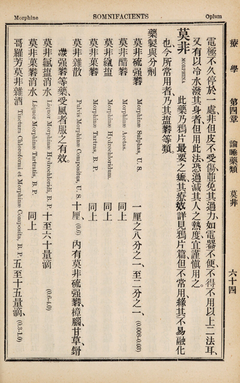 療學 第四章 諭睡藥類 莫非 六十四 電極不久停於一處非但皮不受傷並免其過力如電器不便不得不用以上二法耳 又有以冷水潑其身者、但用此私恐過減其人之熱览宜謹愼用ZO 莫 非_3?此藥乃鵝片最要之歡其療热詳見獨片篇、但不常用、錄其不易融化 也、今所常用者、乃其盘礬等1 藥製與分劑 莫非硫强礬 莫非醋礬 莫非緻盥 莫非菓礬 莫非雜散 _强礬等藥受風 gorpMn^e Sulphas, u. S. Morphinae Acetas. Morphing© Hydrocliloridum Morphine© Tarh,as, w. P. 一厘之八分之一至二分之一 (p§-p§) 同上 同上 同上 (0.6-4.0) I服之有效 莫非顏盟消水Liq§r Morph— Hydihlsidi, R R十至六十量滴 莫非菓礬消水 Liquor Morphinse Tartratis, K R 同上 哥羅芳莫非雜酒 Tinctura chloroM%>ormi et Morphinse Composita, w.w五至十五量称1.0) SOM