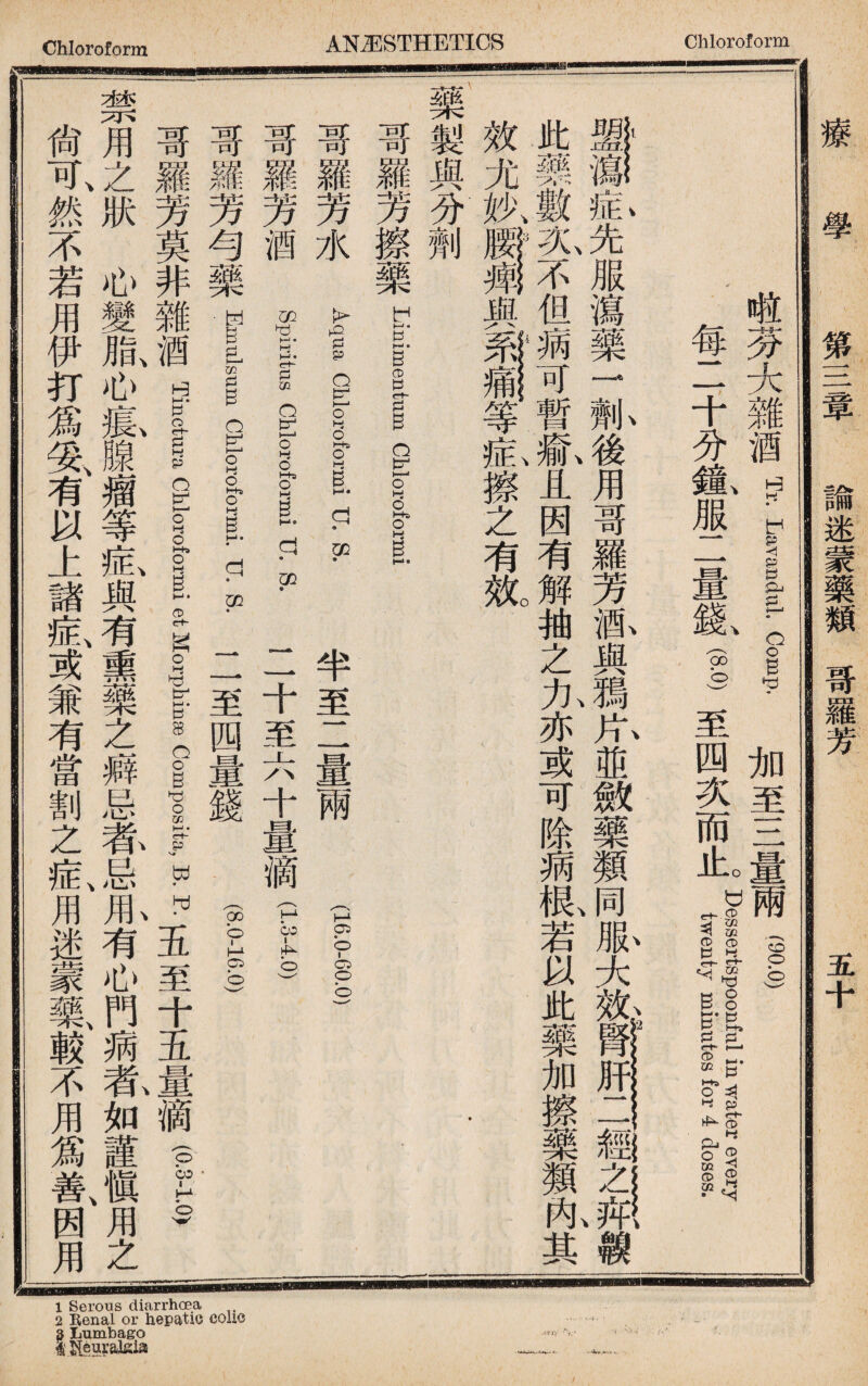 療 學 第三章 諭迷蒙藥類哥羅芳 五十 啦芬大雜酒Hr. La_duL f P. 加至三量兩i.o) • A B v .-.owessertspoonful in water every 每二十分鐘服二量錢p至四次而止twenty minutes for 4 doi. 一一症先服瀉藥一劑後用哥羅芳酒與鴉片並斂藥類同服大效腎肝二經之#櫬 此藥數I不但痢可暫氣且因有解抽之九亦或可除病既若以此藥加擦藥類阼其 效尤狄6一與等私擦之有汍 一 樂製與分劑 ， 方^^樂 Linimentum Chloroformi 哥羅芳水 Af 9110— XL S， 半至二量兩 (16.0-60.0) 哥羅芳酒 Spiritus drmi XL S. 二十至.〃十量滴(1.3-4.0) 哥羅芳与藥 E_lsum chloldfGrmi. XL S.二至四量錢 (S.G-16.0) 131?™維 ^方^snctura Cliloroformi et Morpliinae Composita, R P. 至十 曰重 (0.3-lo>- 禁用之狀心變脂、心氣腺瘤等釔與有熏藥之癖忌莕忌1有心門蒴乾如謹愼M用之 尙可、然不若用伊打爲妥、有以上諸M或兼有當割之症、用迷蒙藥、較不用爲善、因用 C eaic loeat 0 i.b:a lr
