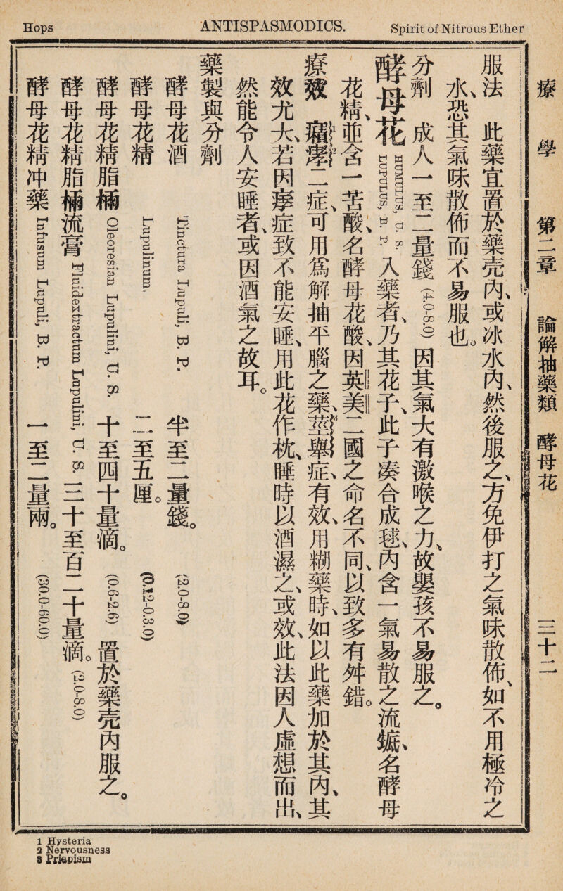2 Nervousness 9 Frkpism Hops ANTISPA8MODICS. Spirit of Nitrous Ether 療 學 第二章 諭解柚藥類_母花 ，三十二 服法此藥宜置於藥売內或冰水內然後服之方免伊打之氣味散佈如不用極冷之 7K,恐其氣味散佈而不易服也 分劑成人r至二量錢fs因其氣；K有激喉之A故嬰孩不易服之。、 酵母一：化 LUPULUS、 •入藥者、乃其花子、此子凑合成避、內含一氣易散之流緣名酵母 花精並含一苦酸名酵母花酸因獨美二國之命名不同以致多有舛錯 療敏藤«r一症可用爲解抽平腦之1®!^有鼠用糊藥氐如以此藥加於其內、其 效尤太若因_症致不能安睡、用此花作枕、睡時以酒濕之、或鼠此法因人虛想而出、 然能令人安睡者、或因酒氣之故耳。 藥製與分劑 。 酵母花酒 Tinctura Lnpuli, R P, 半至二量氣 (2.0-ao> 酵母花精 Lupulinulnu 二 至五flo(P1 酵母花精脂楠oleoresian Liipulini, u. S.十至四十量氣(0.6-2.6)置於藥売內服之。 酵母花精脂楠流膏曰f XL S.三十至百二十量iio(2.0-s.o) 酵母花精冲藥？_ w. R 一至二量兩。