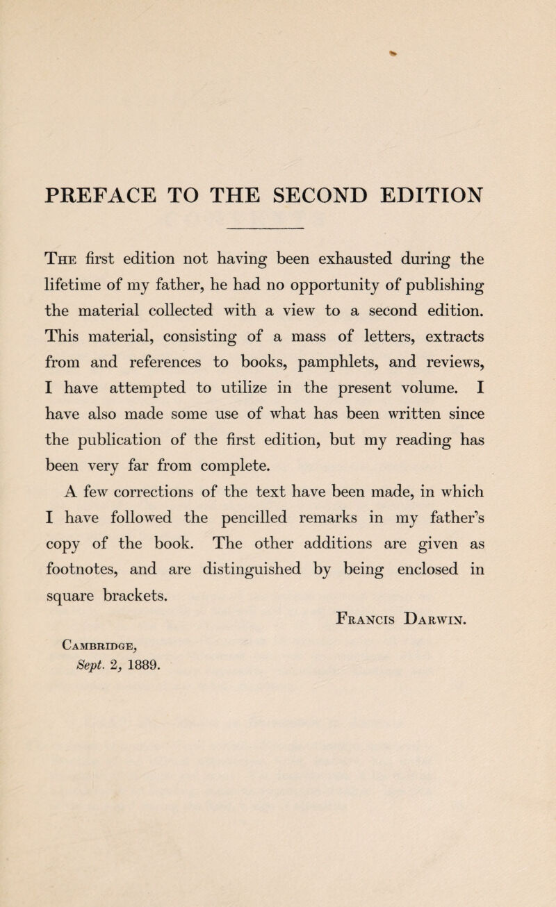 PREFACE TO THE SECOND EDITION The first edition not having been exhausted during the lifetime of my father, he had no opportunity of publishing the material collected with a view to a second edition. This material, consisting of a mass of letters, extracts from and references to books, pamphlets, and reviews, I have attempted to utilize in the present volume. I have also made some use of what has been written since the publication of the first edition, but my reading has been very far from complete. A few corrections of the text have been made, in which I have followed the pencilled remarks in my father's copy of the book. The other additions are given as footnotes, and are distinguished by being enclosed in square brackets. Francis Darwin. Cambridge,